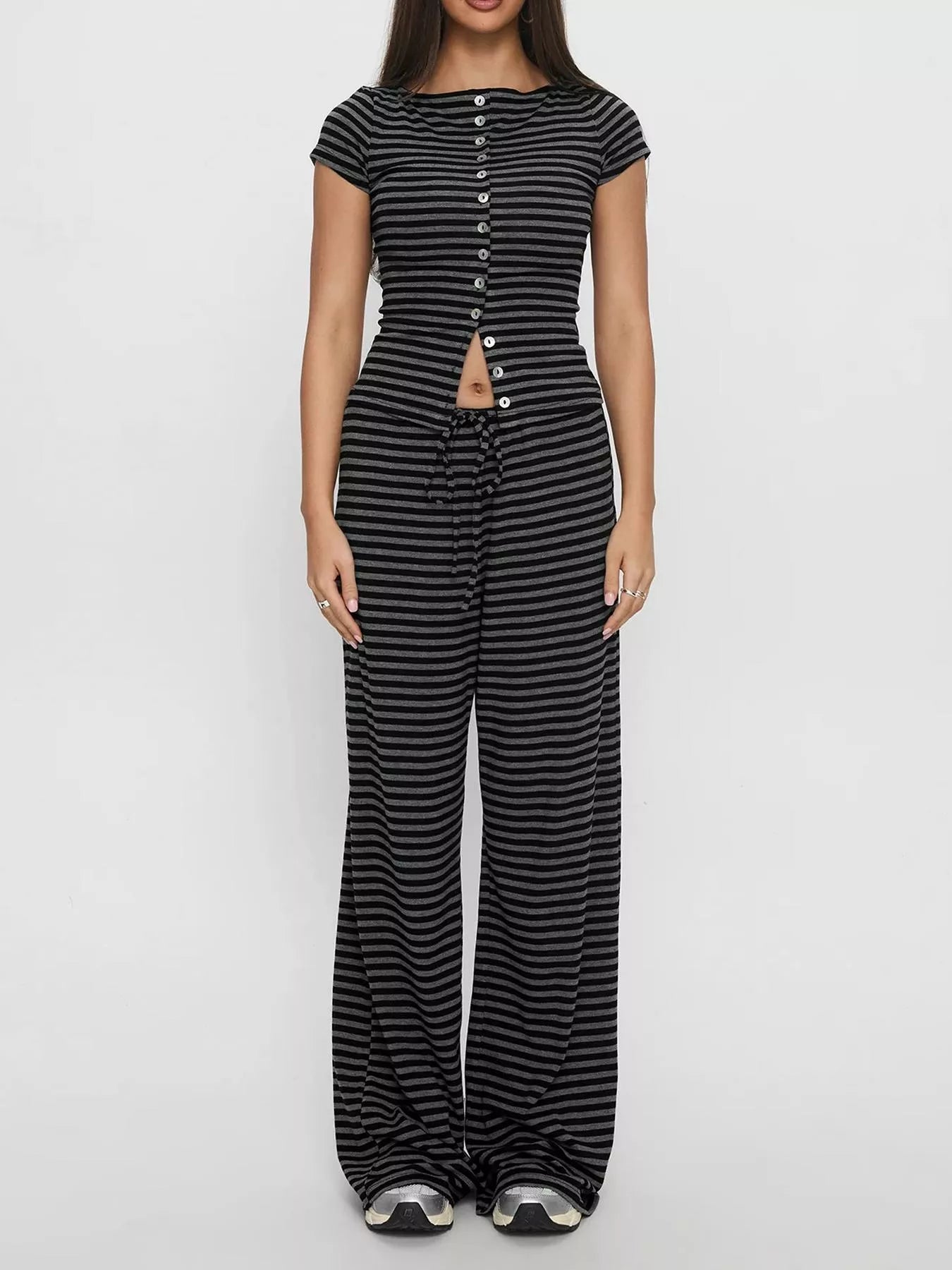 Striped Button-Down Top and Wide-Leg Pants Set