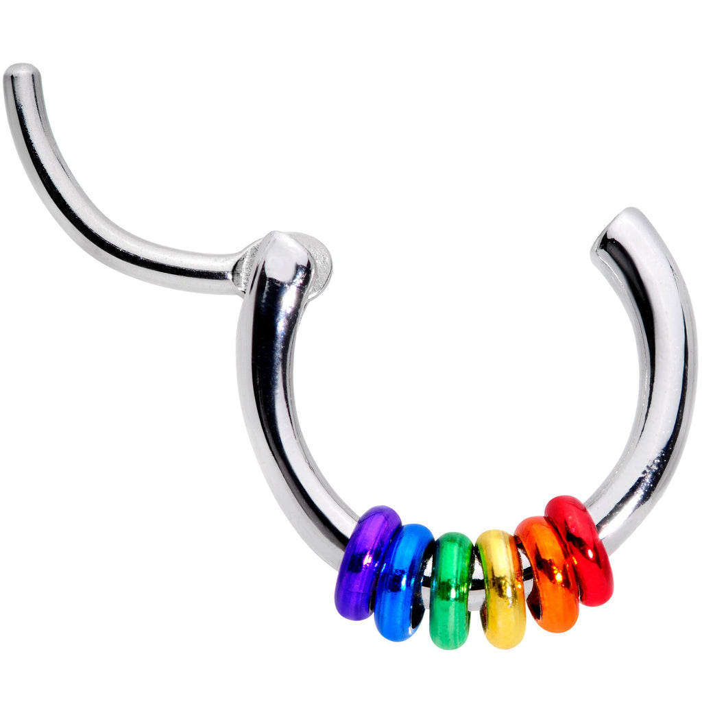 BodyCandy 16G 3/8 Row of Rainbow Rings Gay Pride Septum Clicker — detail close-up