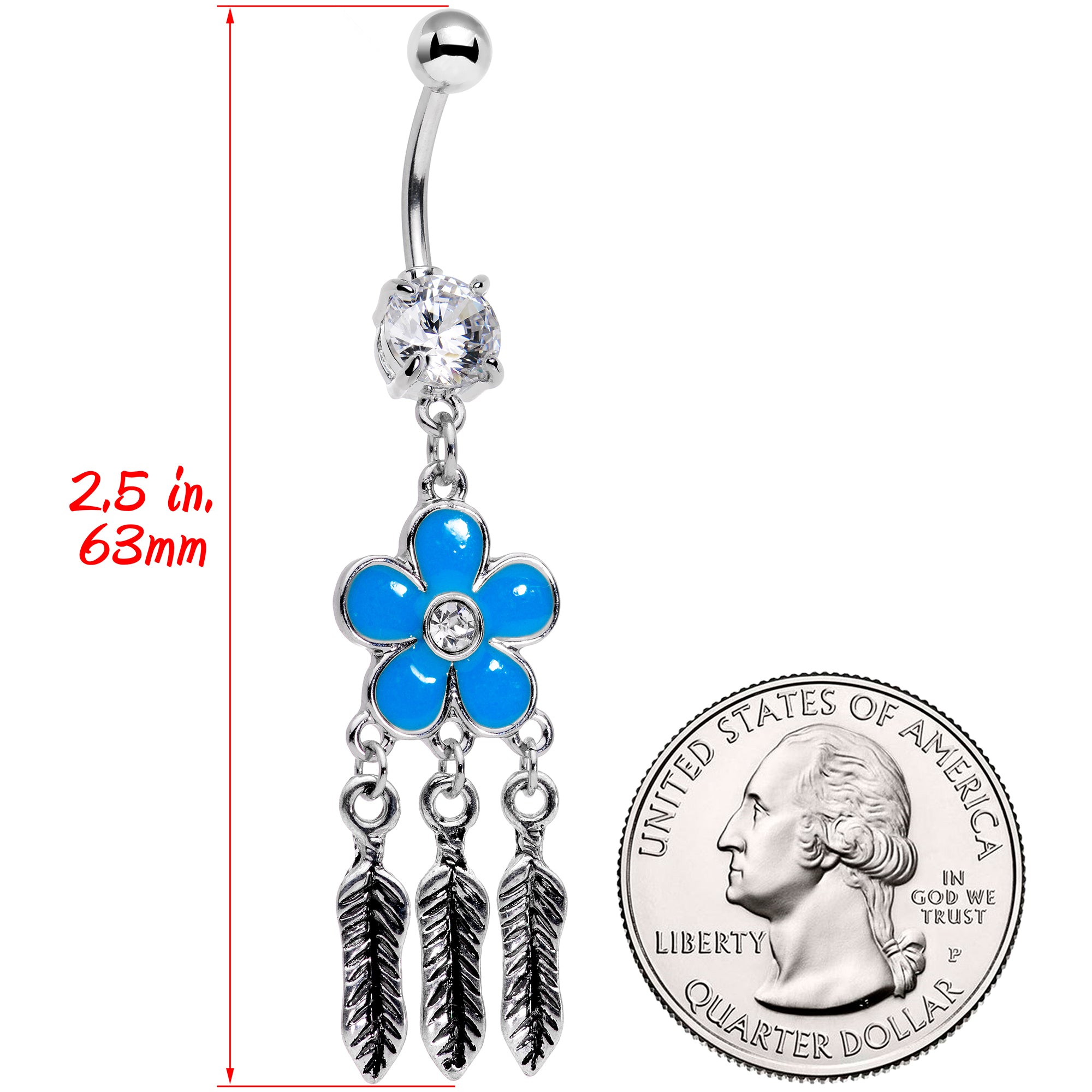 BodyCandy Clear Gem Blue Flower Feathers Dreamcatcher Dangle Belly Ring — detail close-up