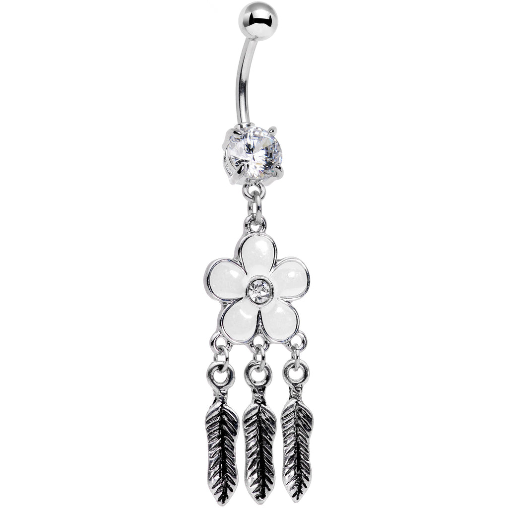 BodyCandy Clear Gem White Flower Feathers Dreamcatcher Dangle Belly Ring — main product shot