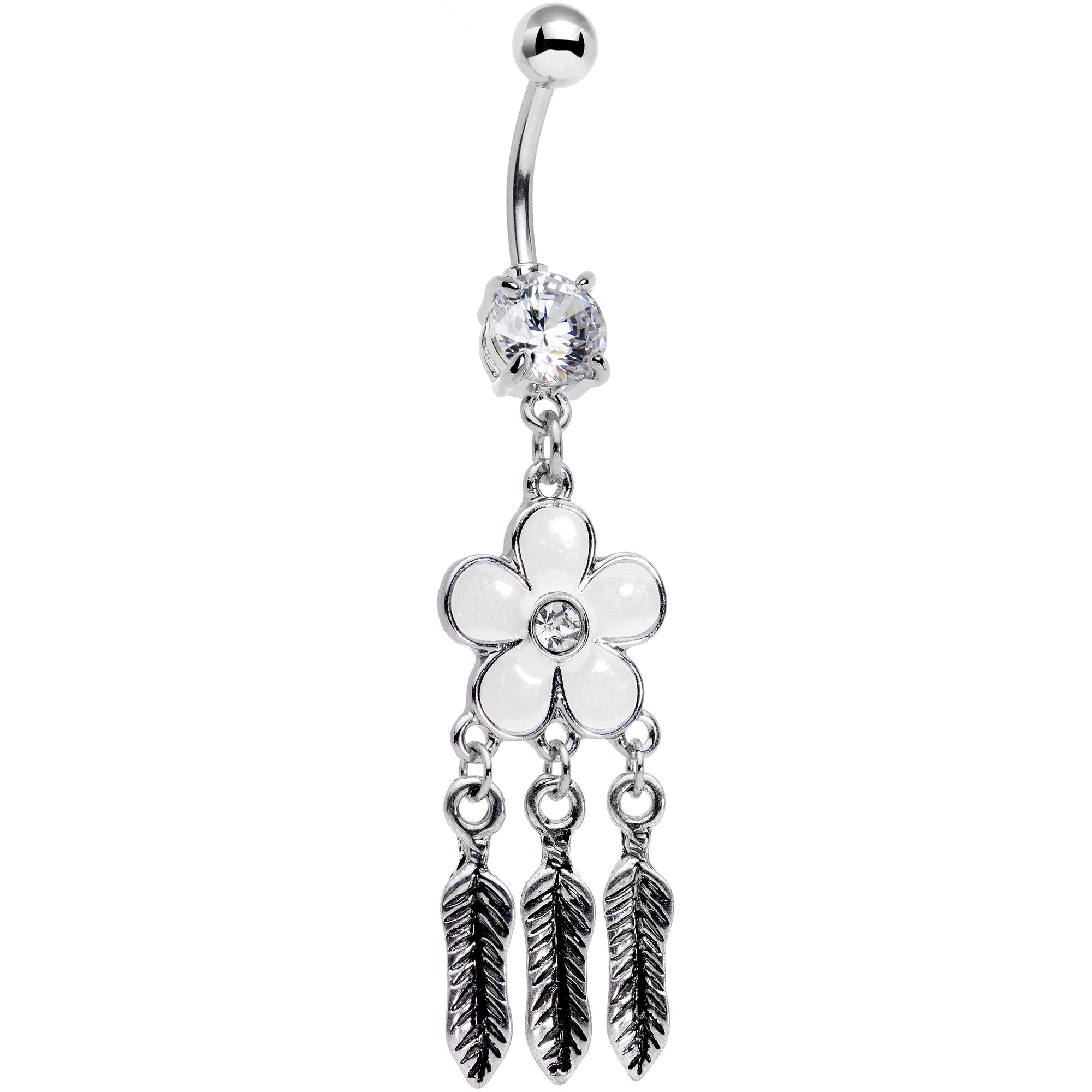 BodyCandy Clear Gem White Flower Feathers Dreamcatcher Dangle Belly Ring — main product shot