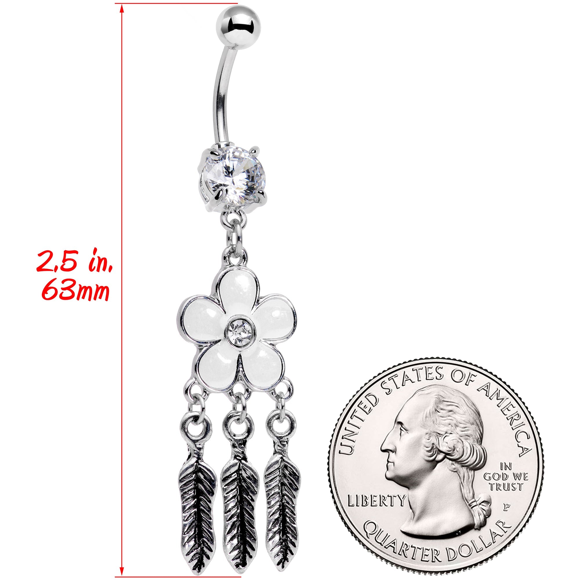 BodyCandy Clear Gem White Flower Feathers Dreamcatcher Dangle Belly Ring — detail close-up