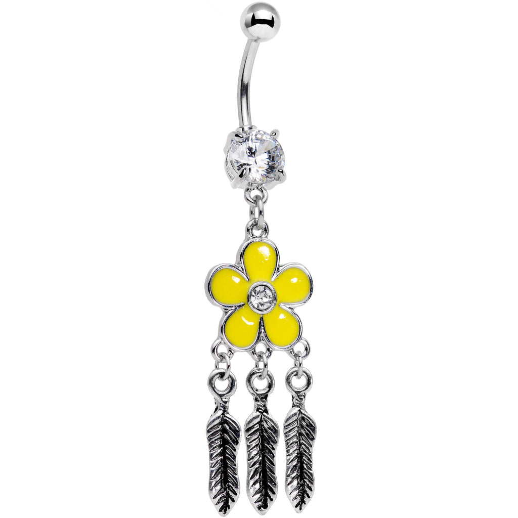 BodyCandy Clear Gem Yellow Flower Feathers Dreamcatcher Dangle Belly Ring — main product shot