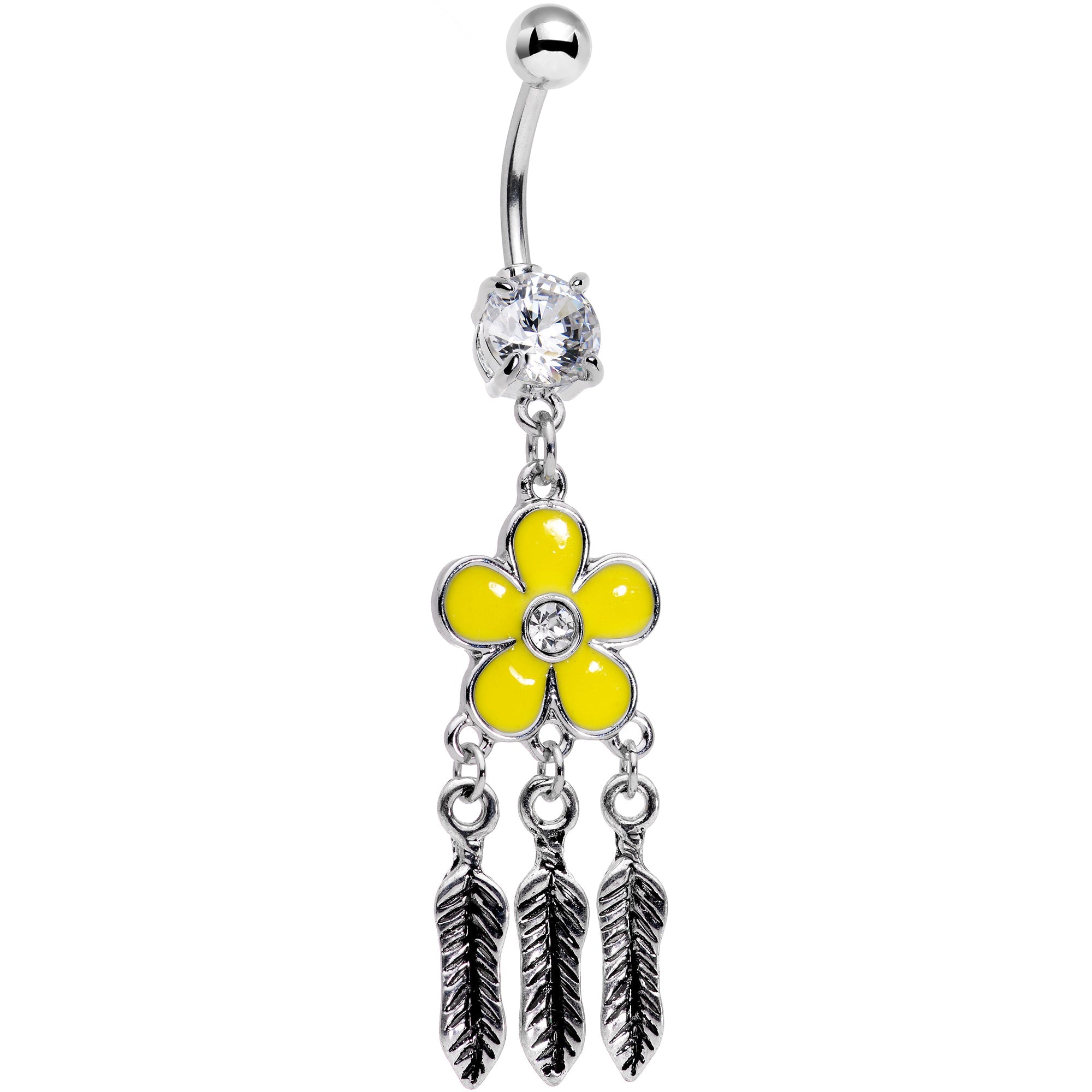 BodyCandy Clear Gem Yellow Flower Feathers Dreamcatcher Dangle Belly Ring — main product shot