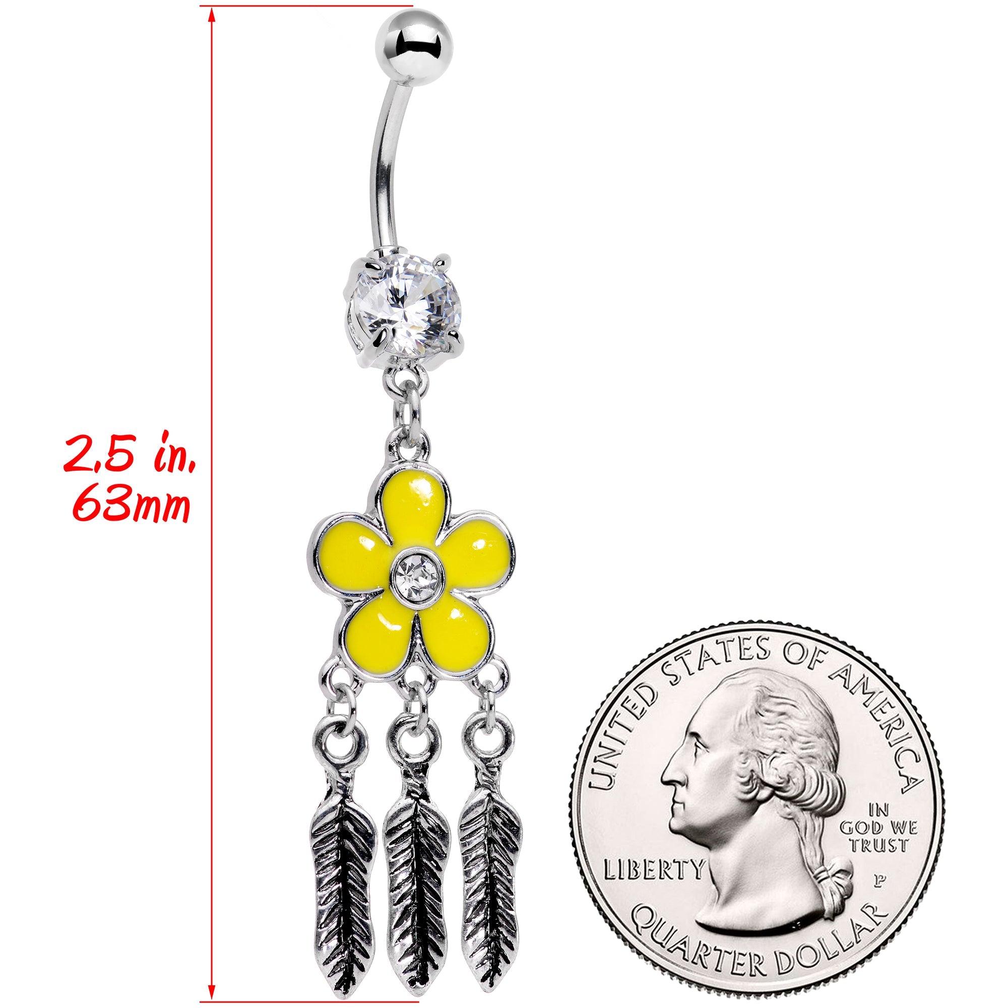 BodyCandy Clear Gem Yellow Flower Feathers Dreamcatcher Dangle Belly Ring — detail close-up