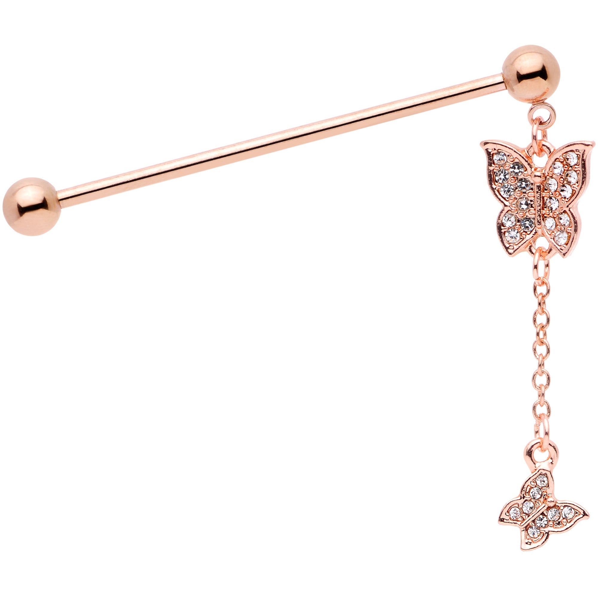 BodyCandy 14G Clear Gem Rose Gold Tone Butterfly Dangle Industrial Barbell — main product shot