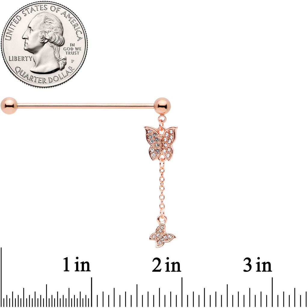 BodyCandy 14G Clear Gem Rose Gold Tone Butterfly Dangle Industrial Barbell — detail close-up