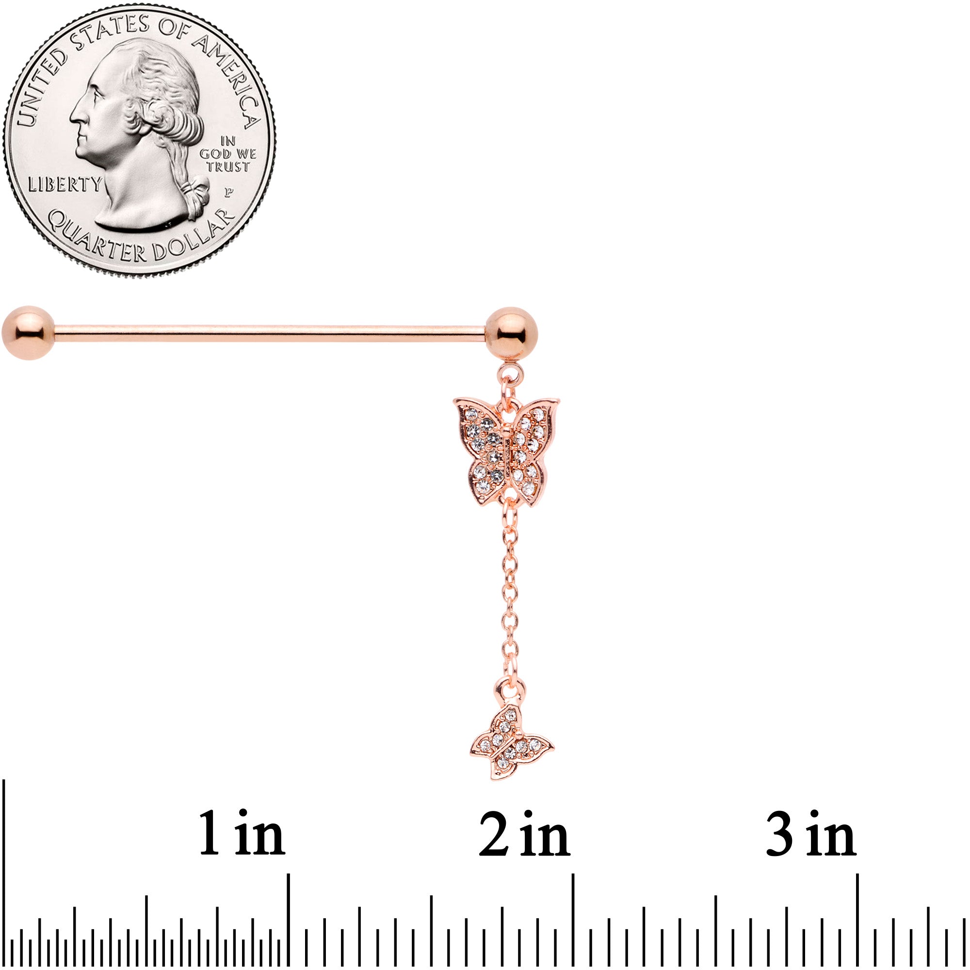 BodyCandy 14G Clear Gem Rose Gold Tone Butterfly Dangle Industrial Barbell — detail close-up