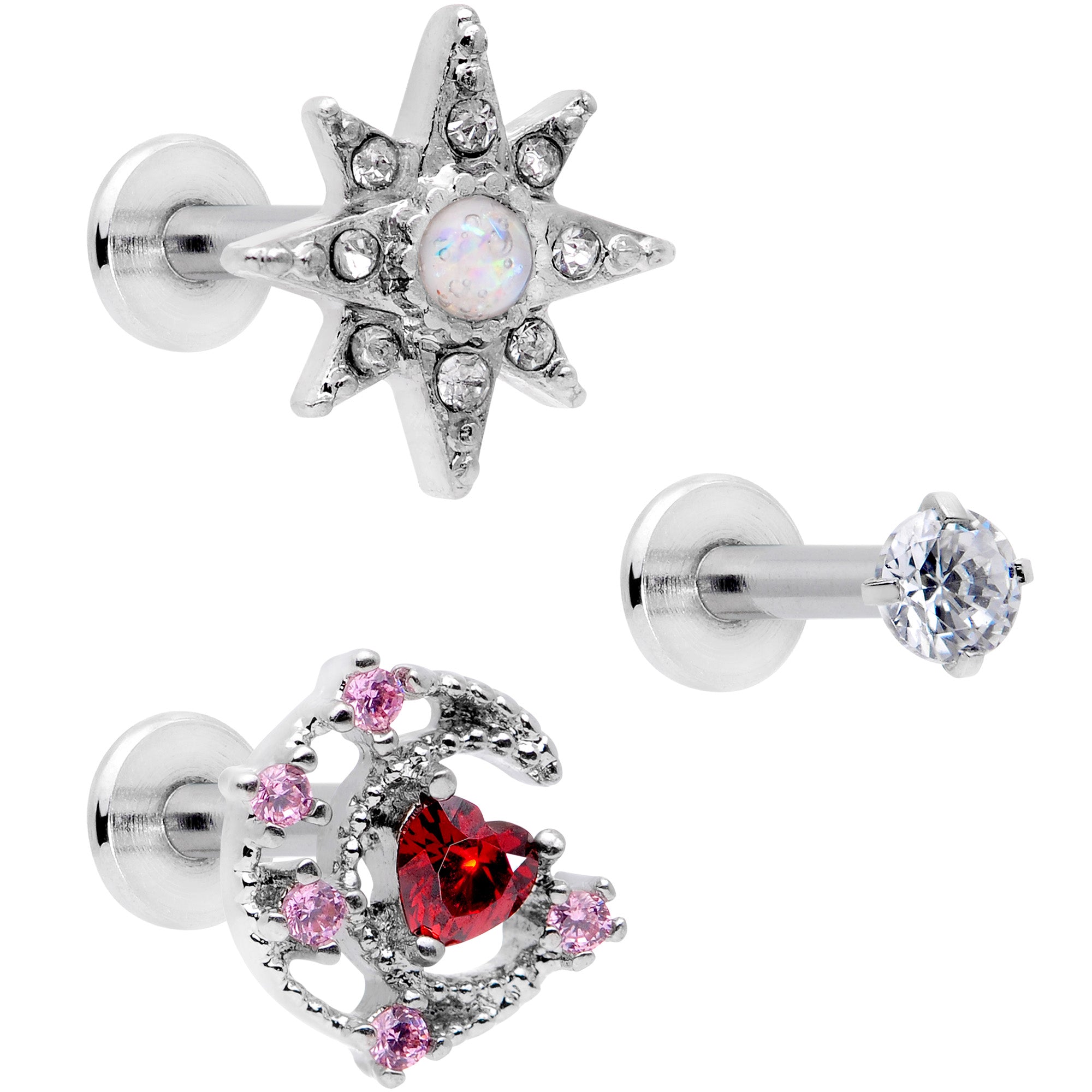 BodyCandy 16G 5/16 White Faux Opal Moon Star Labret Monroe Tragus Set of 3 — main product shot