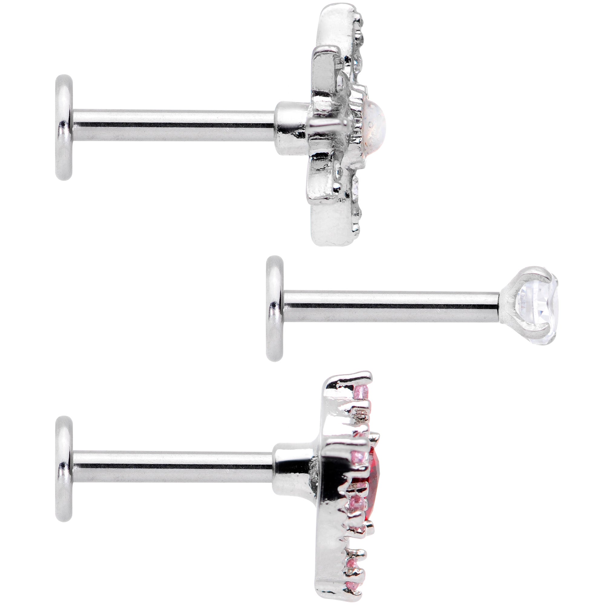 BodyCandy 16G 5/16 White Faux Opal Moon Star Labret Monroe Tragus Set of 3 — detail close-up