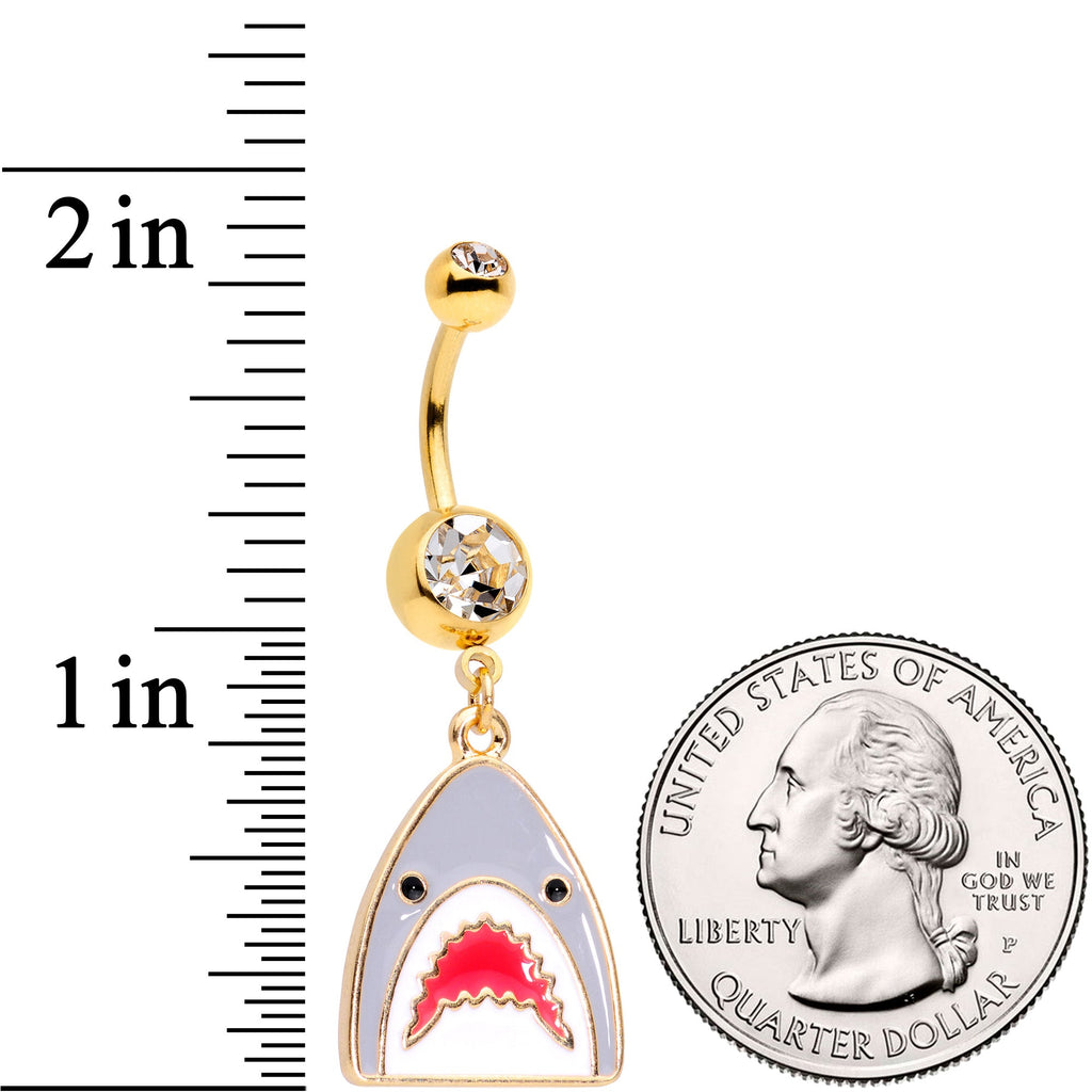 BodyCandy Clear Gem Gold Tone Shark Attack Dangle Belly Ring — detail close-up