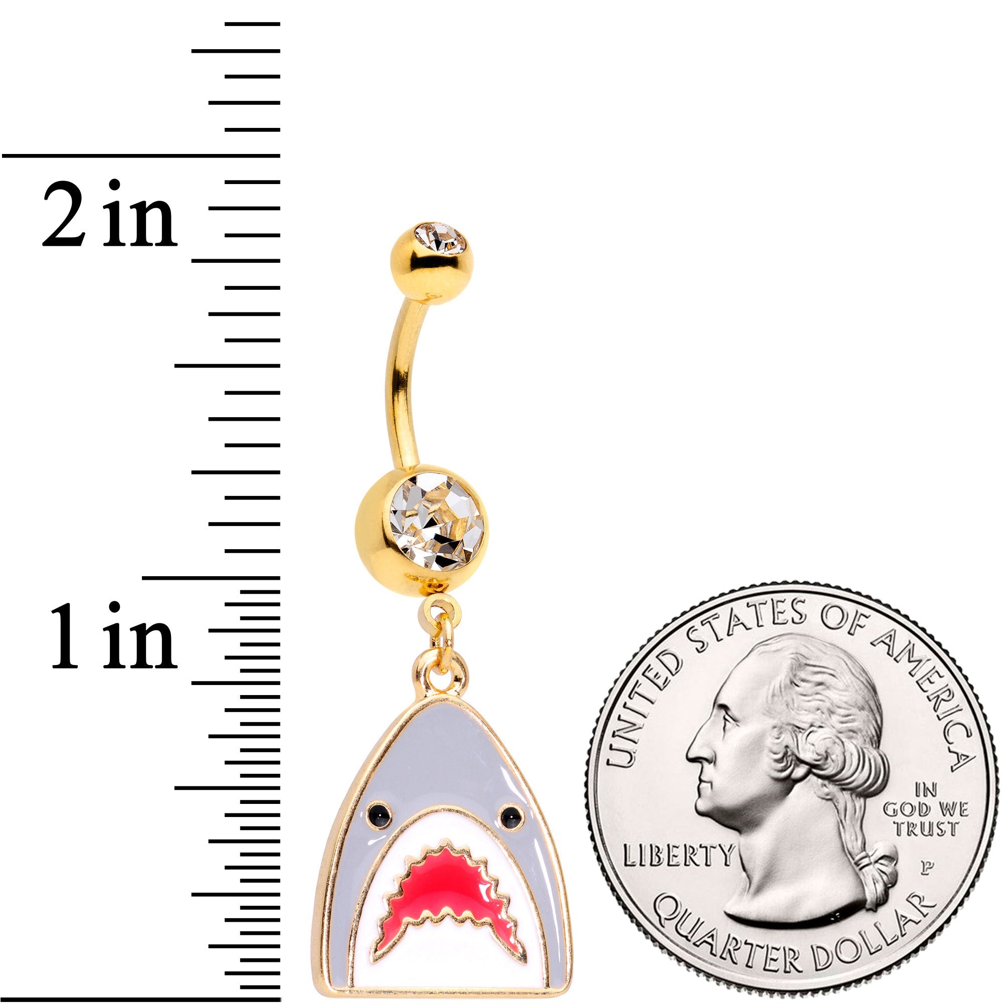 BodyCandy Clear Gem Gold Tone Shark Attack Dangle Belly Ring — detail close-up