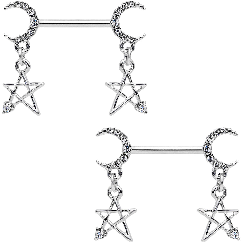 BodyCandy 14G 9/16 Clear Gem Moon Star Dangle Barbell Nipple Ring Set — main product shot