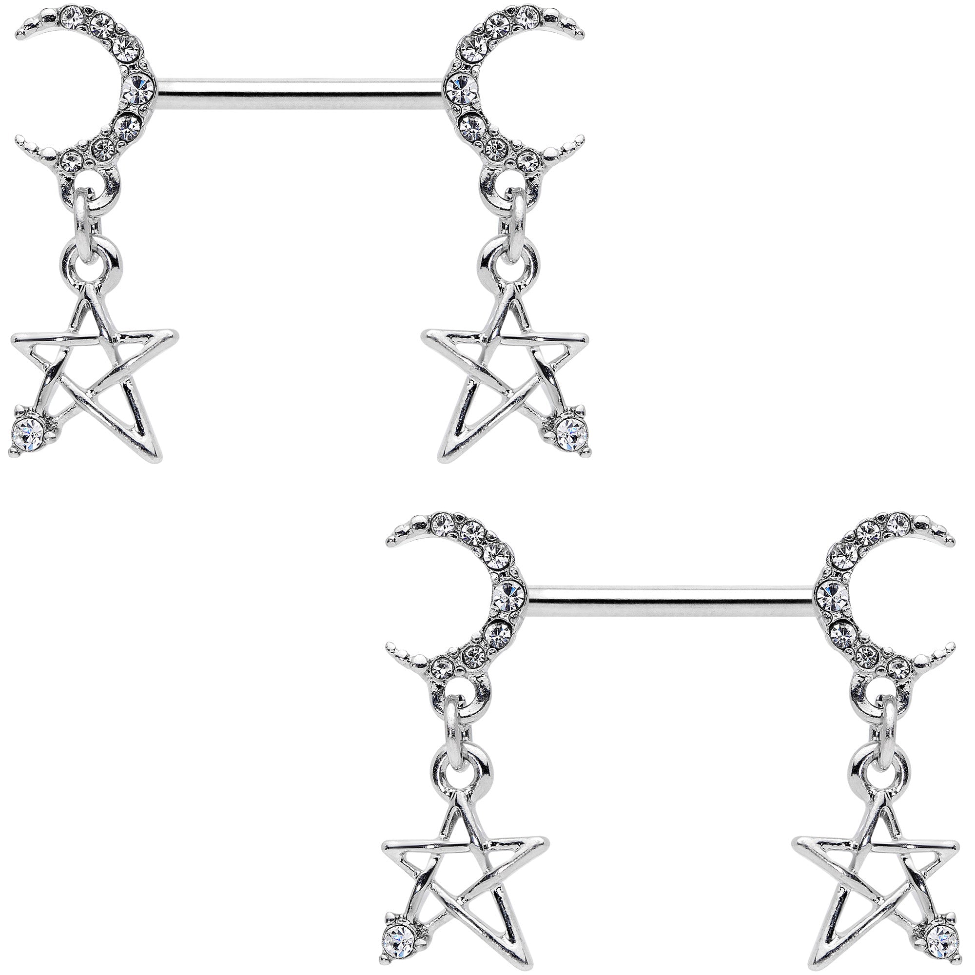 BodyCandy 14G 9/16 Clear Gem Moon Star Dangle Barbell Nipple Ring Set — main product shot