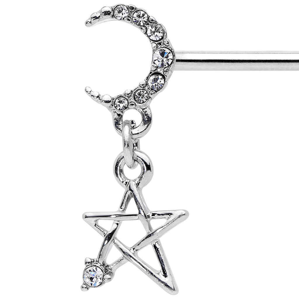 BodyCandy 14G 9/16 Clear Gem Moon Star Dangle Barbell Nipple Ring Set — detail close-up