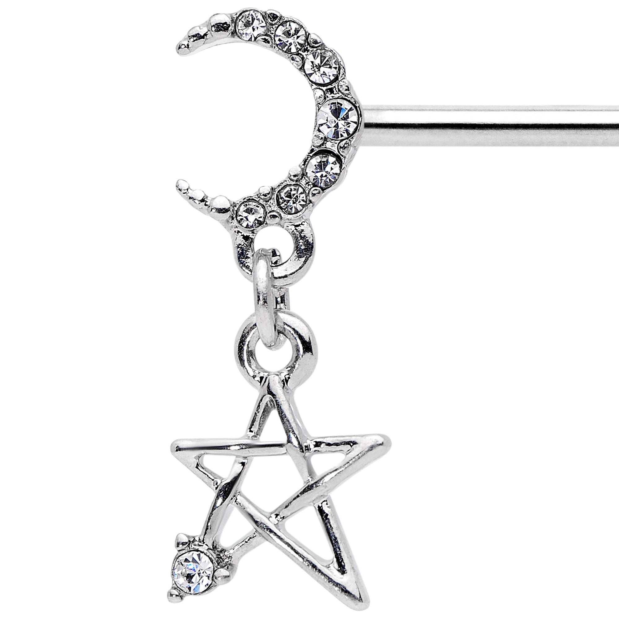 BodyCandy 14G 9/16 Clear Gem Moon Star Dangle Barbell Nipple Ring Set — detail close-up