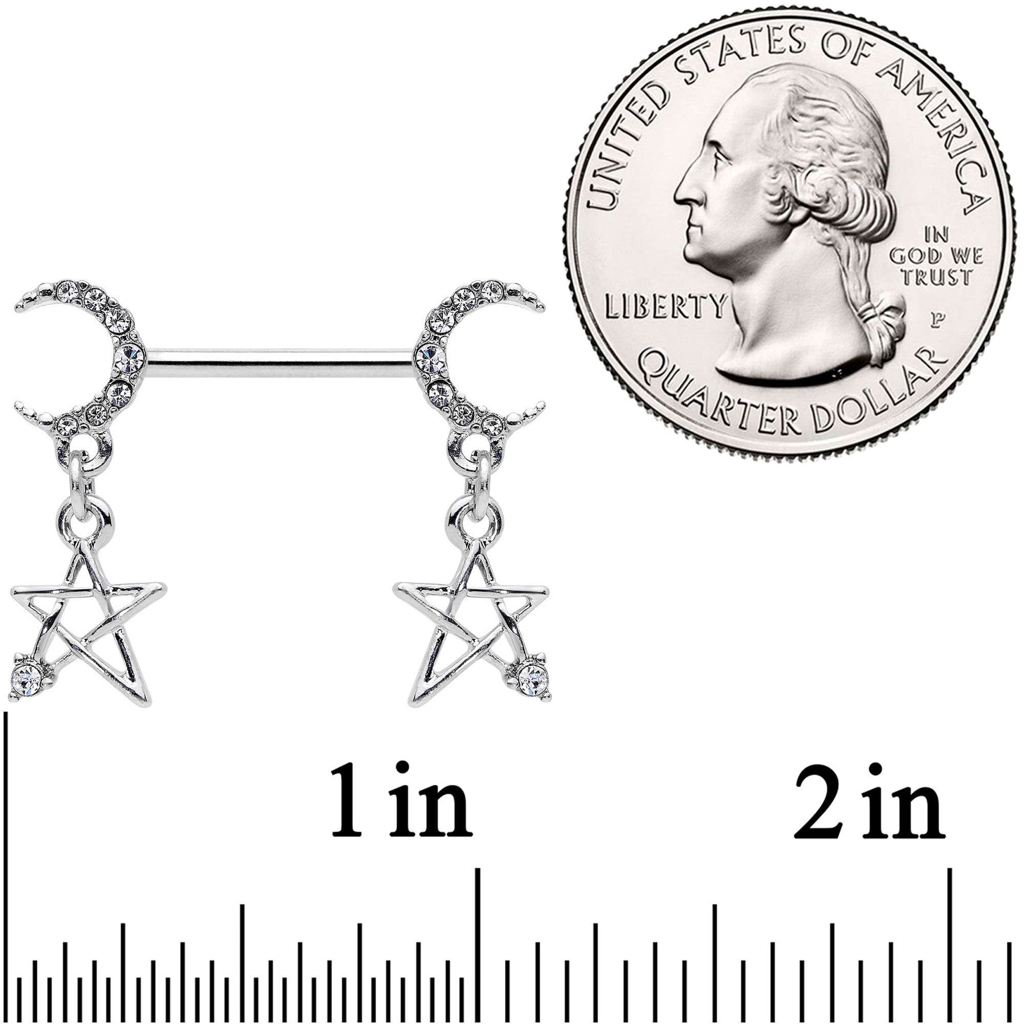 BodyCandy 14G 9/16 Clear Gem Moon Star Dangle Barbell Nipple Ring Set — lifestyle context