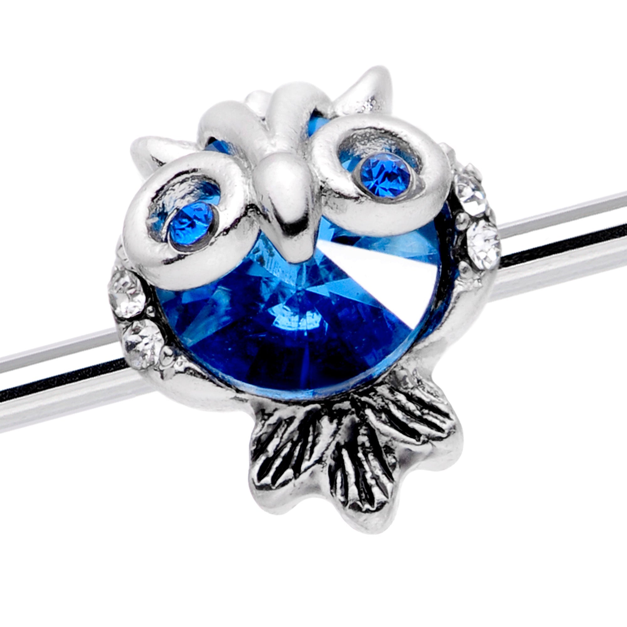 BodyCandy 14G Clear Blue Gem Wide Eyed Owl Industrial Barbell 38mm — detail close-up