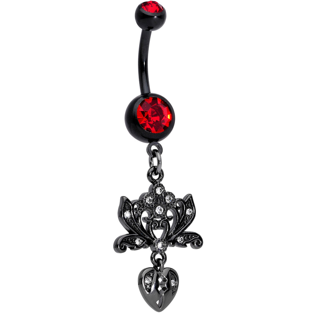 BodyCandy Red Clear Gem Black Lotus Flower Heart Dangle Belly Ring — main product shot