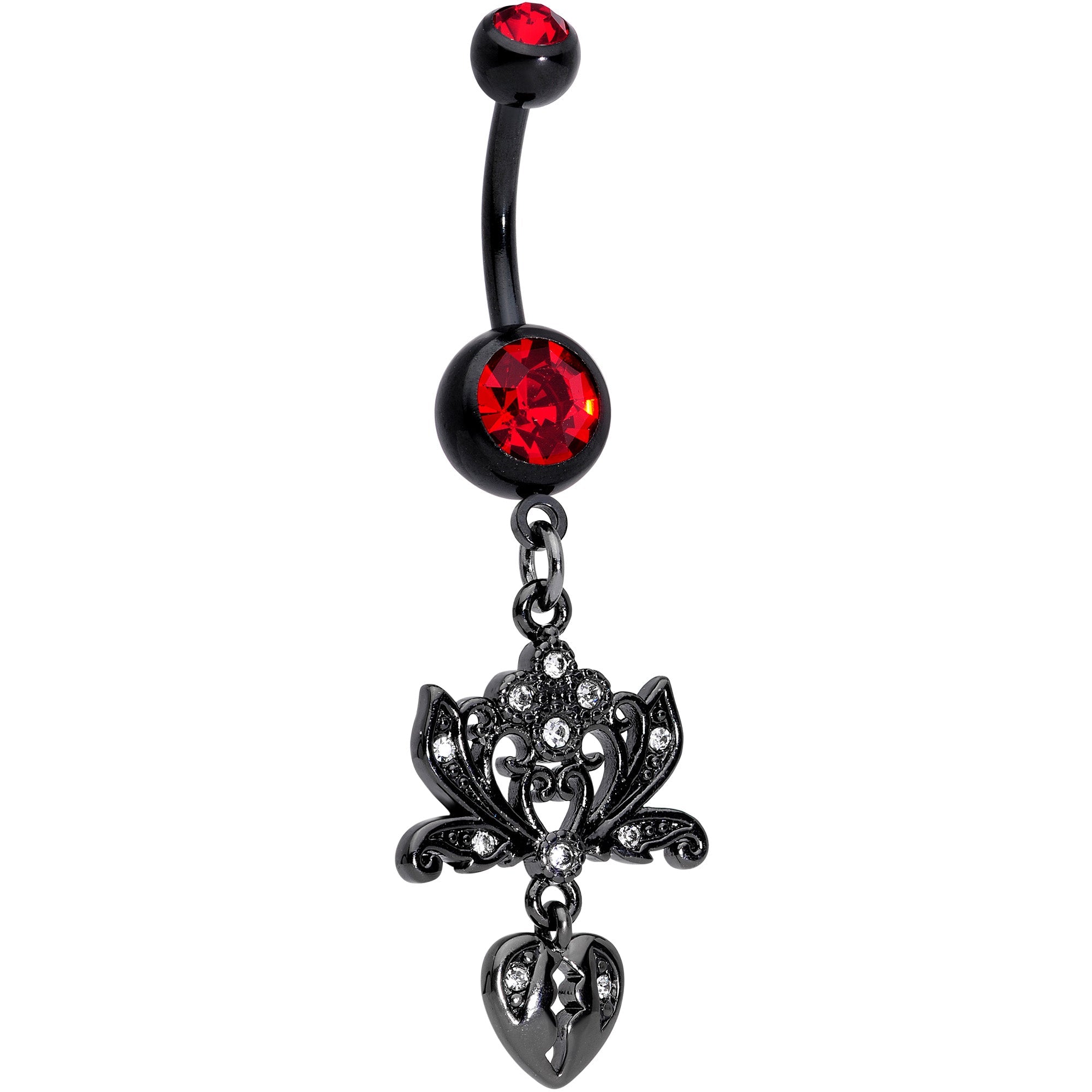 BodyCandy Red Clear Gem Black Lotus Flower Heart Dangle Belly Ring — main product shot