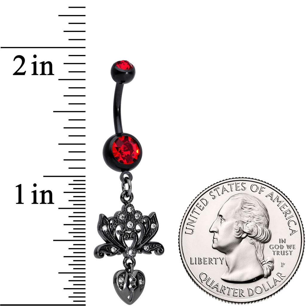BodyCandy Red Clear Gem Black Lotus Flower Heart Dangle Belly Ring — detail close-up