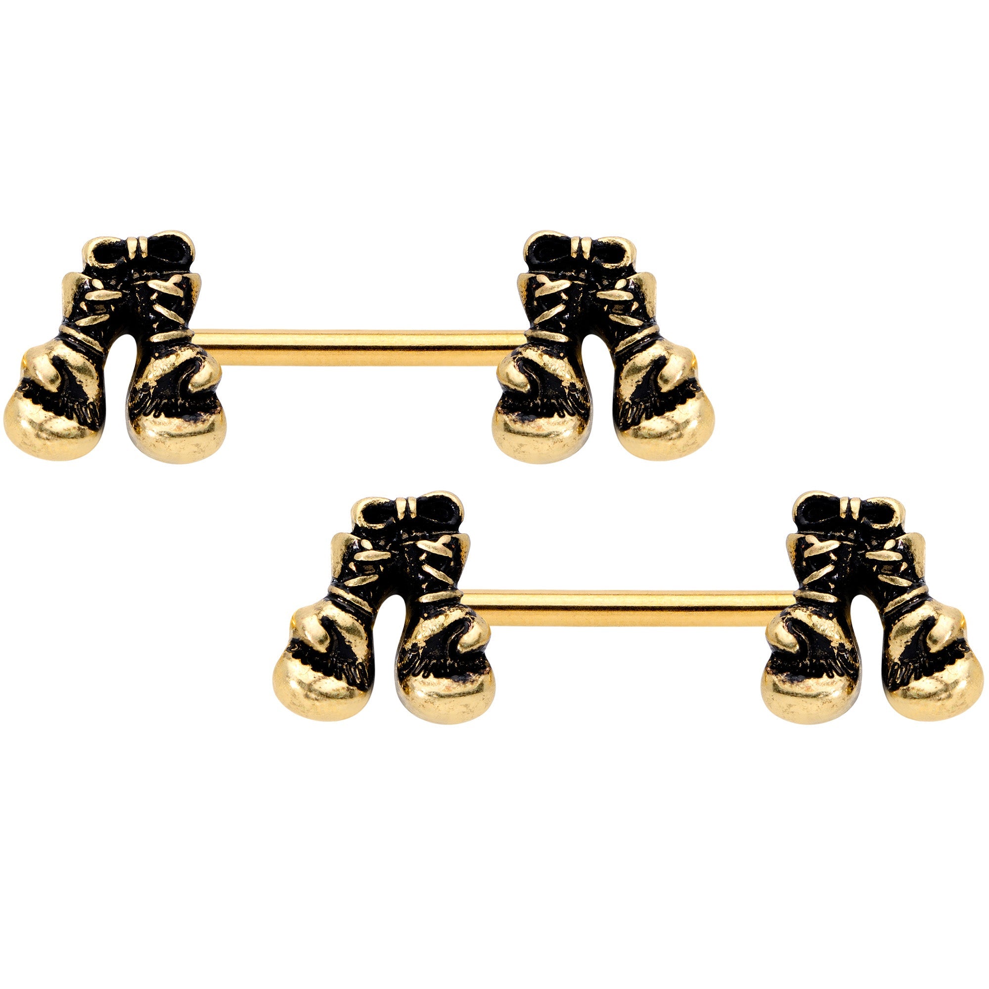 BodyCandy 14G 9/16 Gold Tone Boxing Gloves Barbell Nipple Ring Set — main product shot