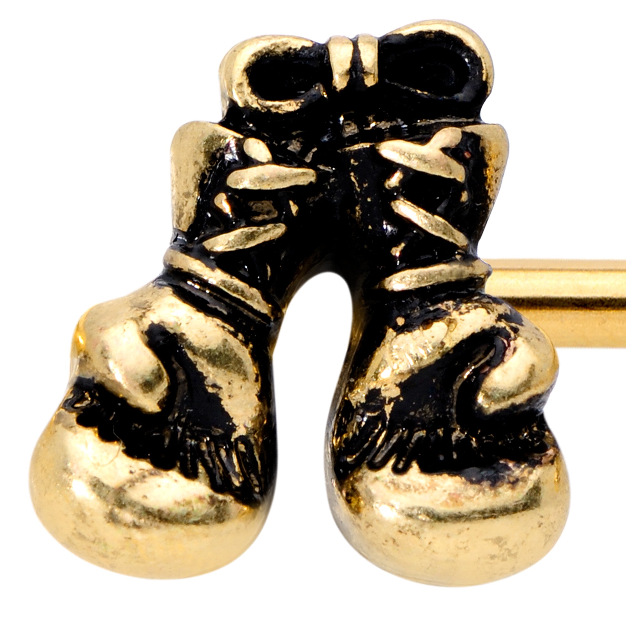 BodyCandy 14G 9/16 Gold Tone Boxing Gloves Barbell Nipple Ring Set — detail close-up