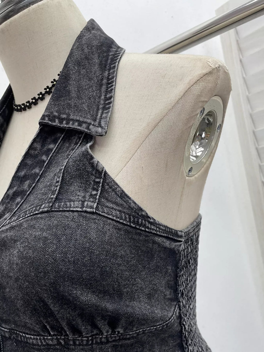 Smocked Denim Halter Collar Top