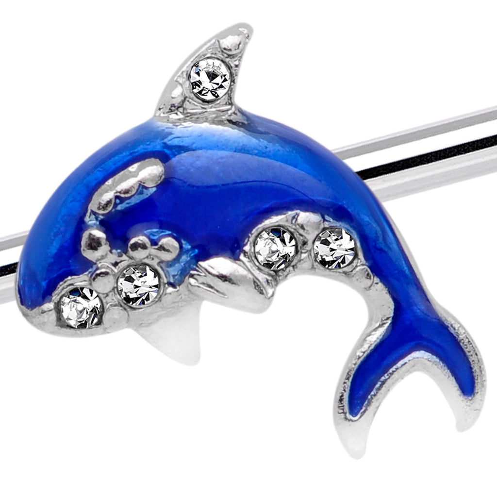 BodyCandy 14G Clear Gem Sea Bling Blue Orca Whale Industrial Barbell 38mm — detail close-up