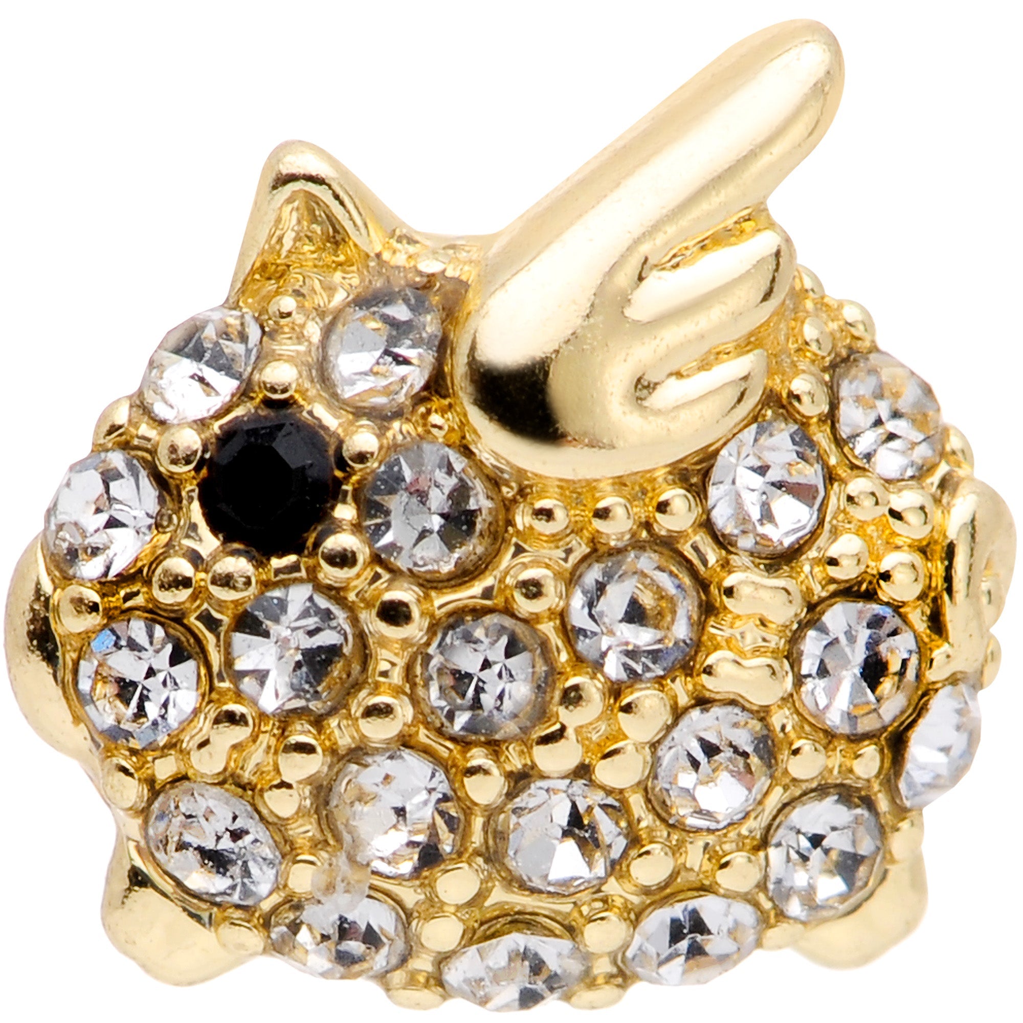 BodyCandy 16G 5/16 Clear Black Gem Gold Tone Flying Pig Labret Tragus — detail close-up