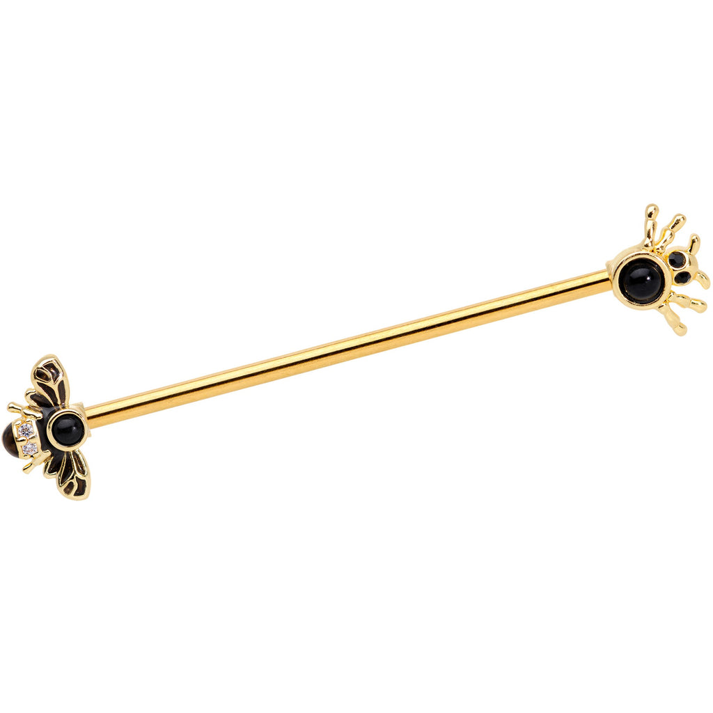 BodyCandy 14G Clear Black Gem Gold Tone Bug Out Bee Insect Industrial Barbell 38mm — main product shot