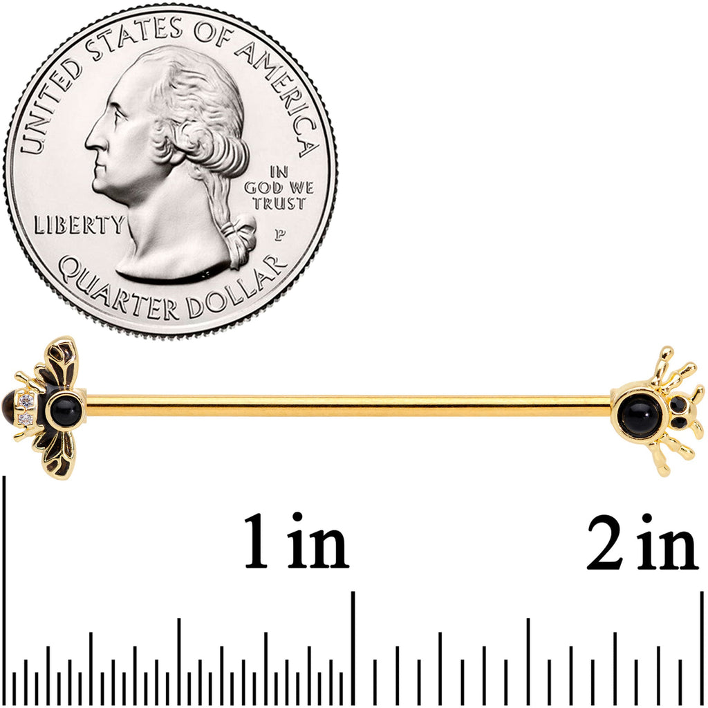 BodyCandy 14G Clear Black Gem Gold Tone Bug Out Bee Insect Industrial Barbell 38mm — side view