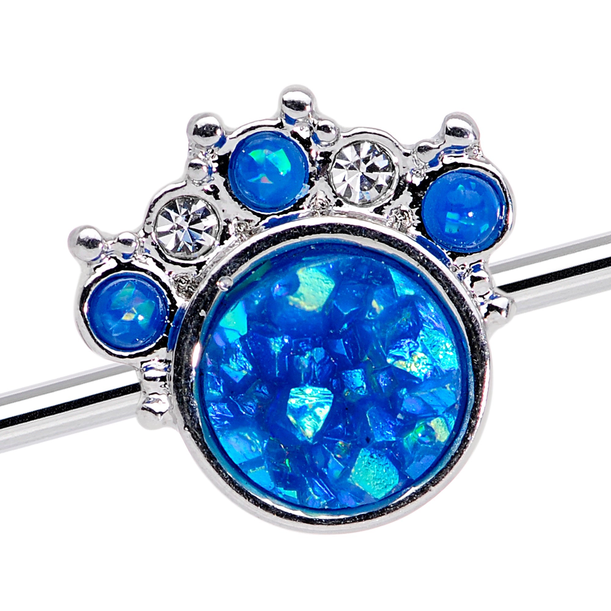 BodyCandy 14G Blue Faux Opal Clear Gem Paw Print Industrial Barbell 38mm — detail close-up