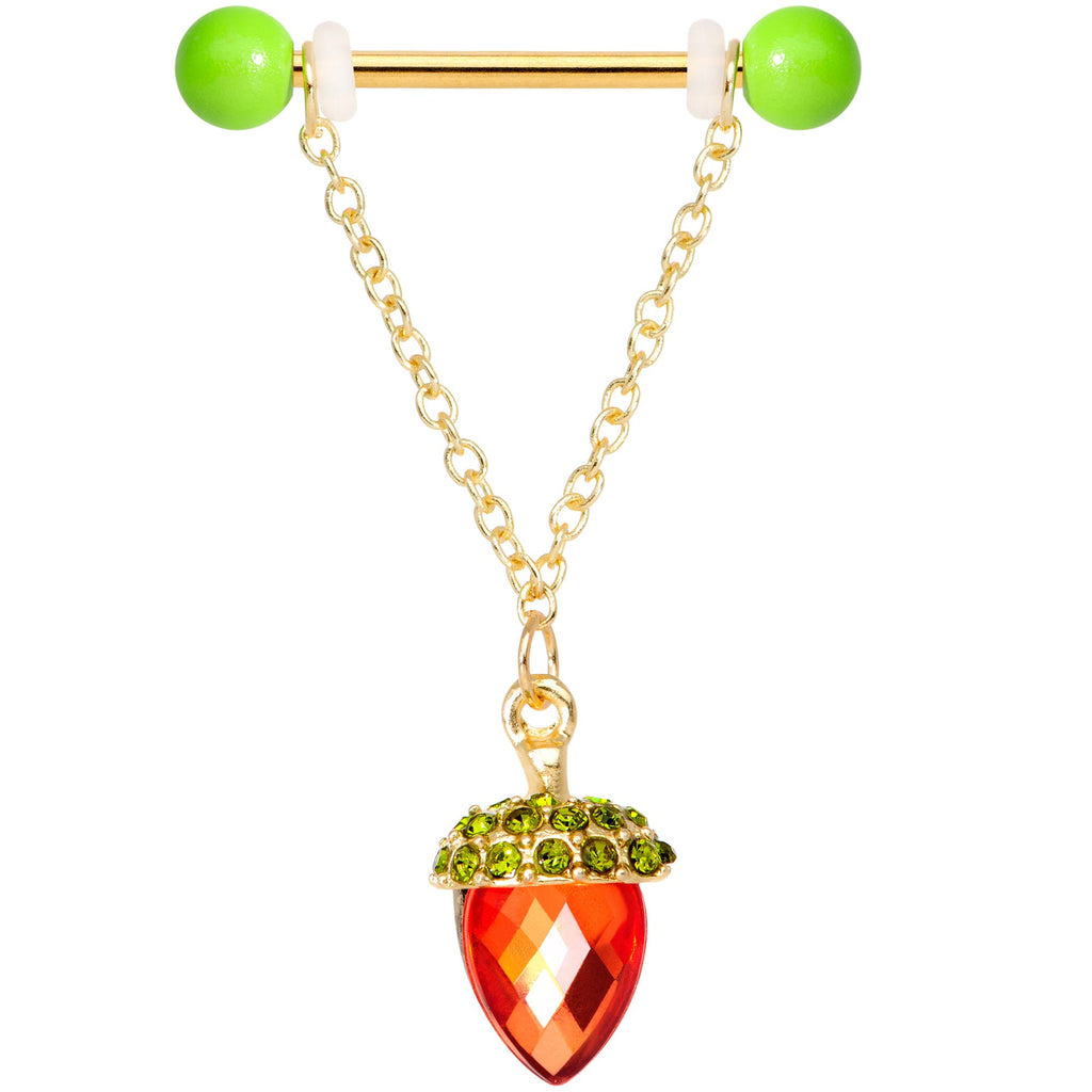 BodyCandy 14G 9/16 Red Green Gem Oak Leaf Acorn Barbell Nipple Ring Set — detail close-up