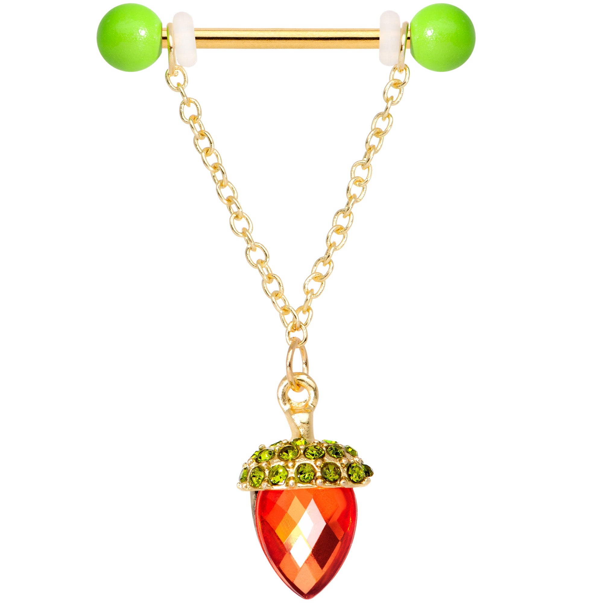 BodyCandy 14G 9/16 Red Green Gem Oak Leaf Acorn Barbell Nipple Ring Set — detail close-up