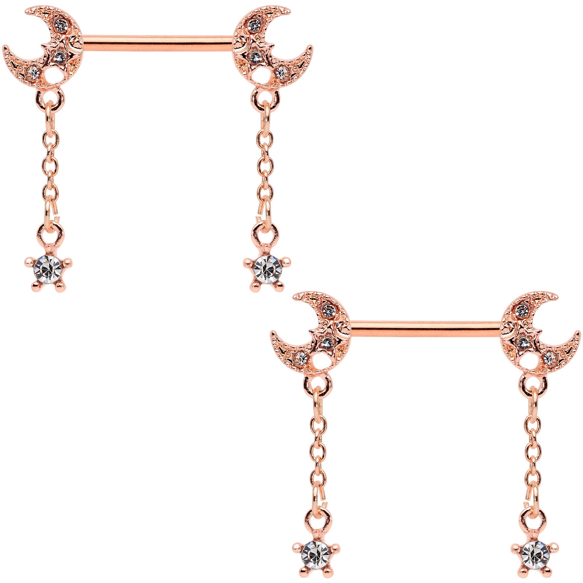 BodyCandy 14G 9/16 Clear Gem Rose Gold Tone Moon Barbell Nipple Ring Set — main product shot