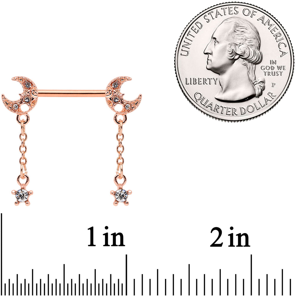BodyCandy 14G 9/16 Clear Gem Rose Gold Tone Moon Barbell Nipple Ring Set — detail close-up