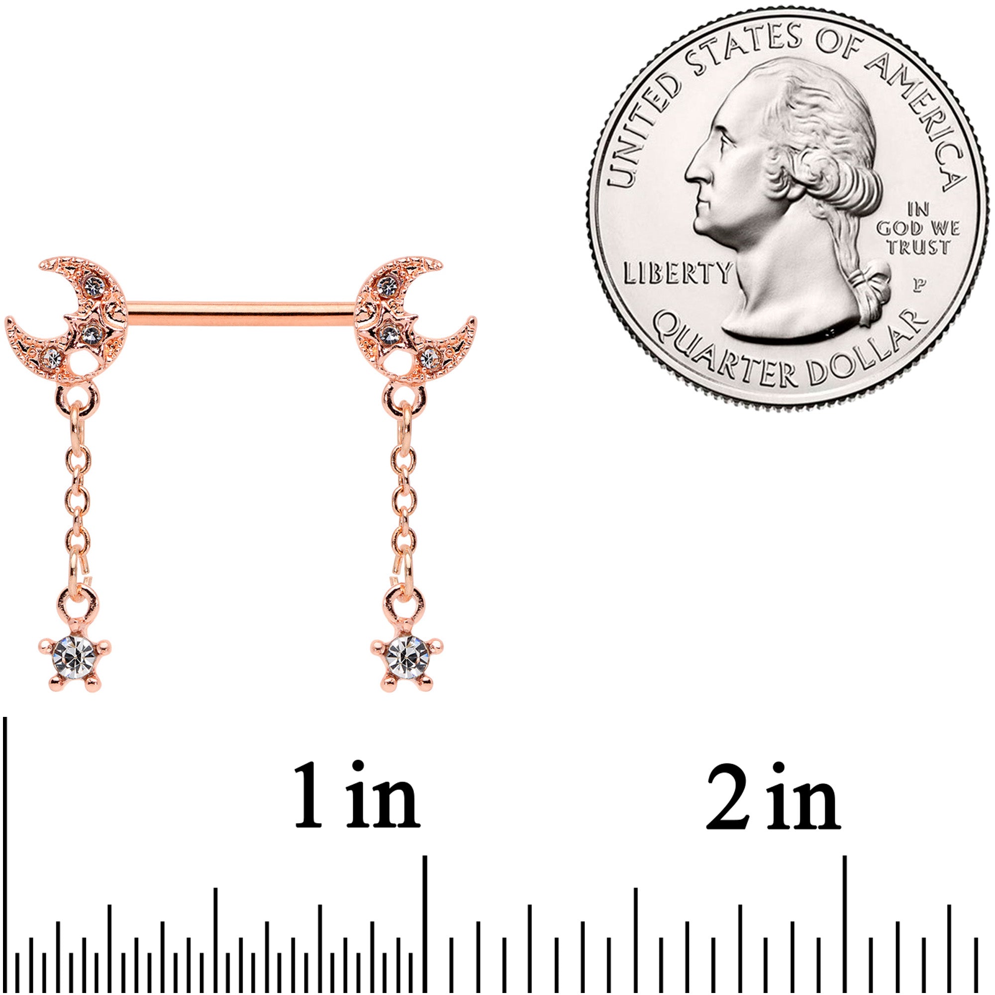 BodyCandy 14G 9/16 Clear Gem Rose Gold Tone Moon Barbell Nipple Ring Set — detail close-up