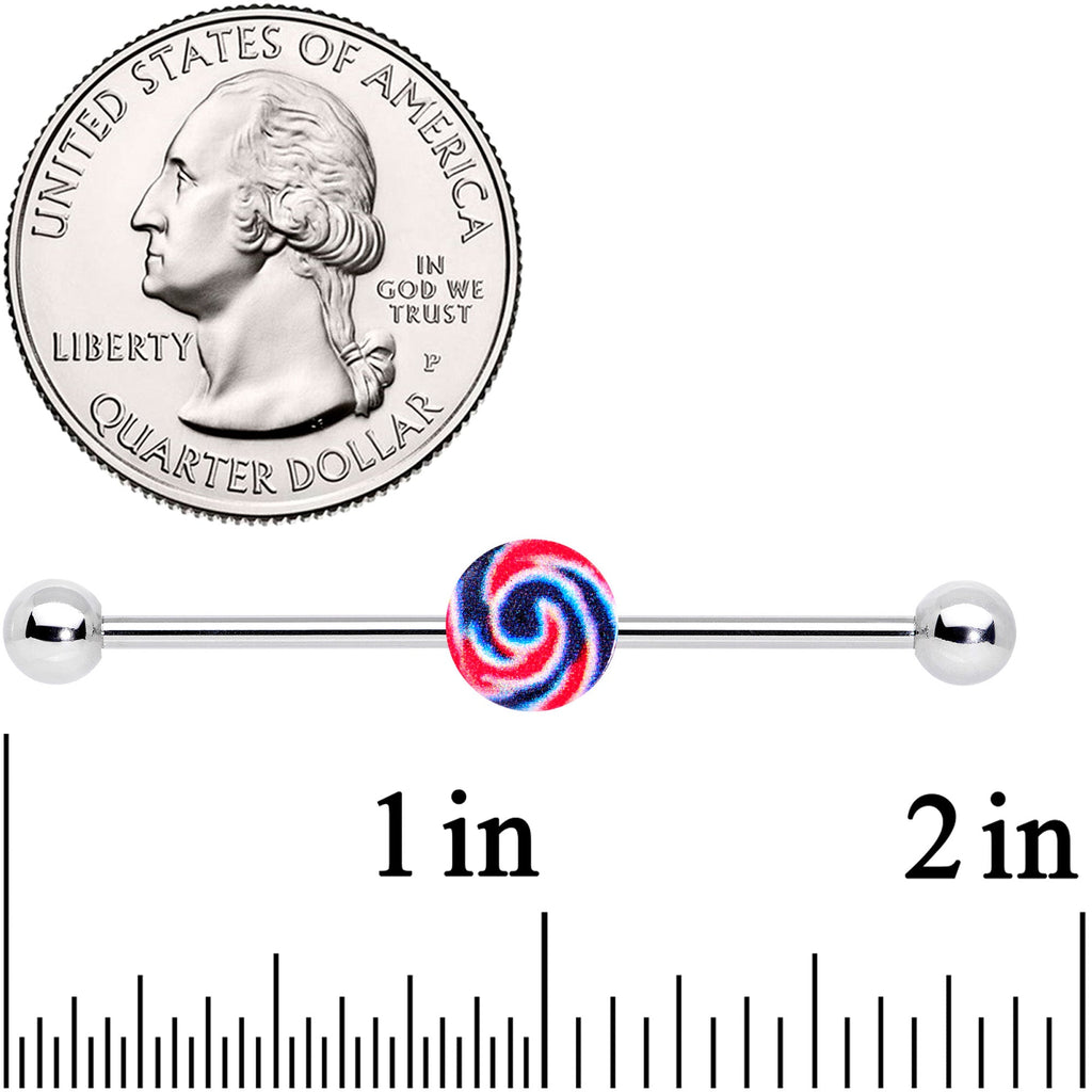 BodyCandy 14G Red Blue Candy Swirl Industrial Barbell 38mm — detail close-up
