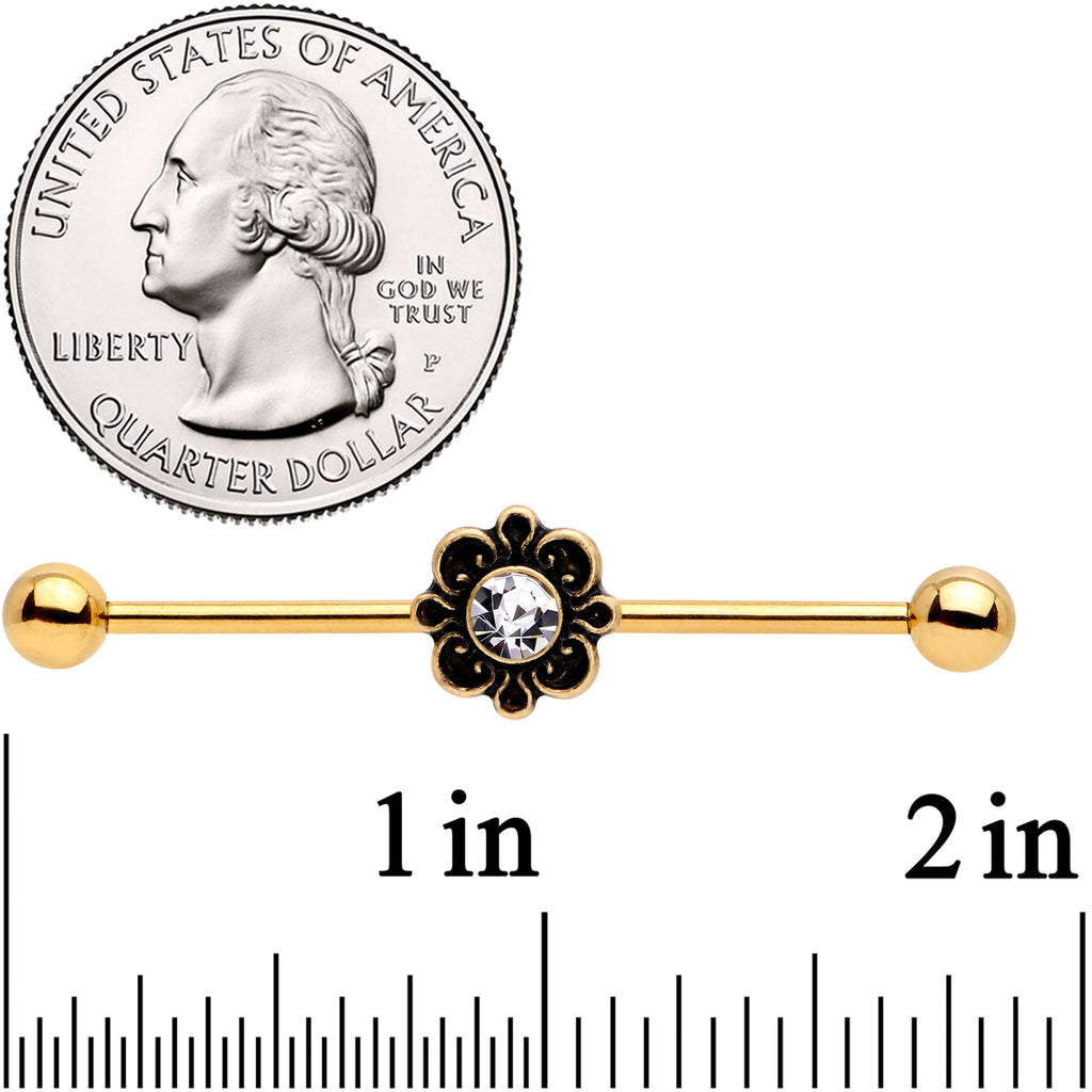 BodyCandy 14G Clear Gem Gold Tone Flower Industrial Barbell 38mm — detail close-up