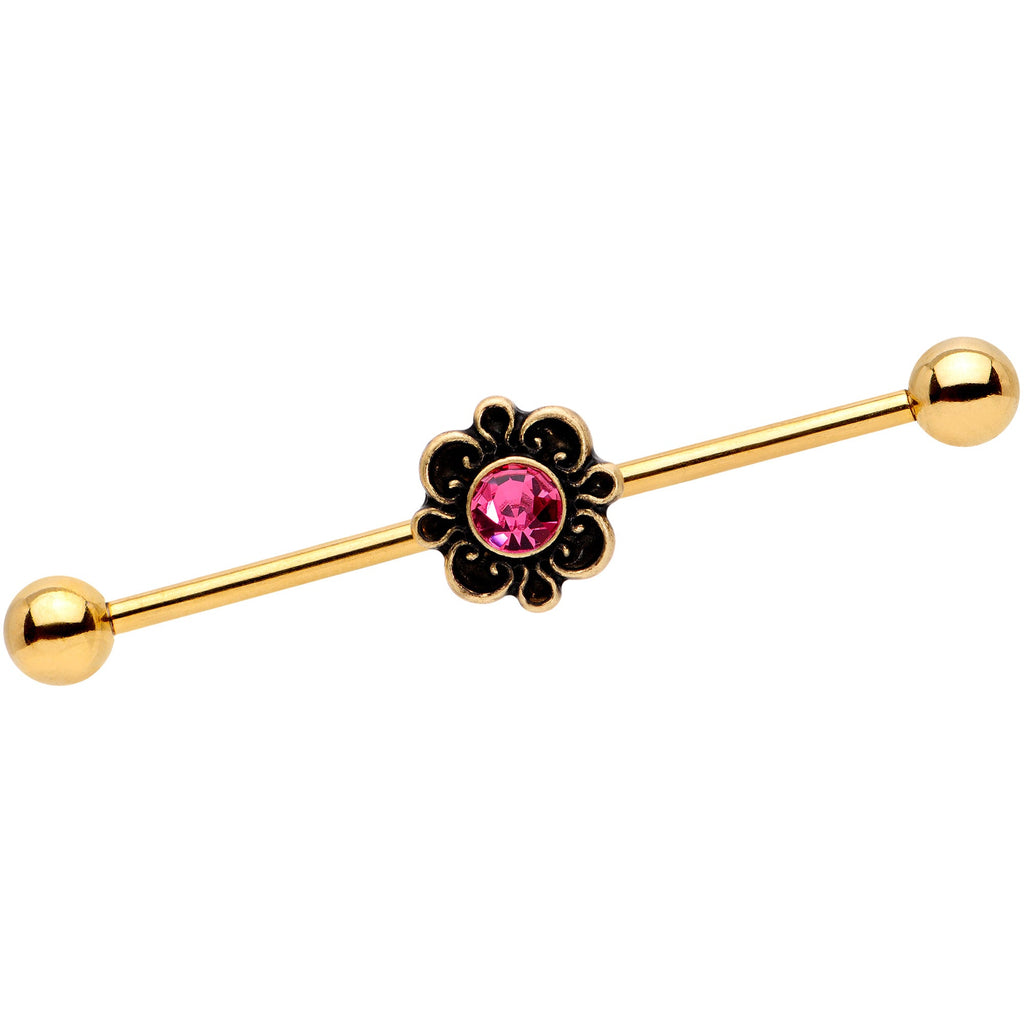 BodyCandy 14G Pink Gem Gold Tone Flower Industrial Barbell 38mm — main product shot