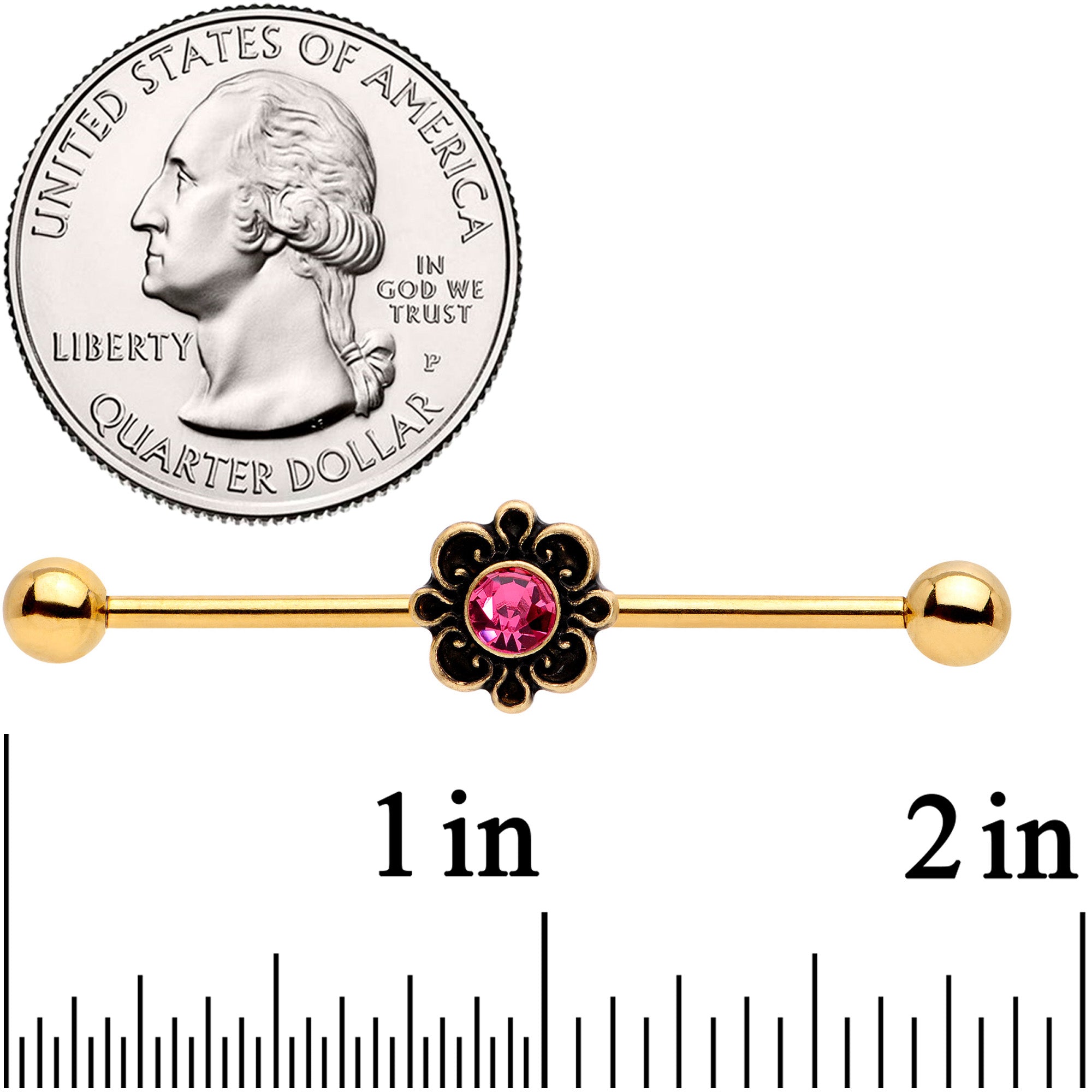 BodyCandy 14G Pink Gem Gold Tone Flower Industrial Barbell 38mm — detail close-up