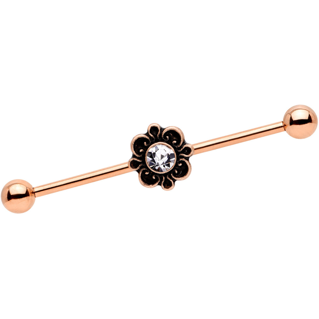 BodyCandy 14G Clear Gem Rose Gold Tone Flower Industrial Barbell 38mm — main product shot
