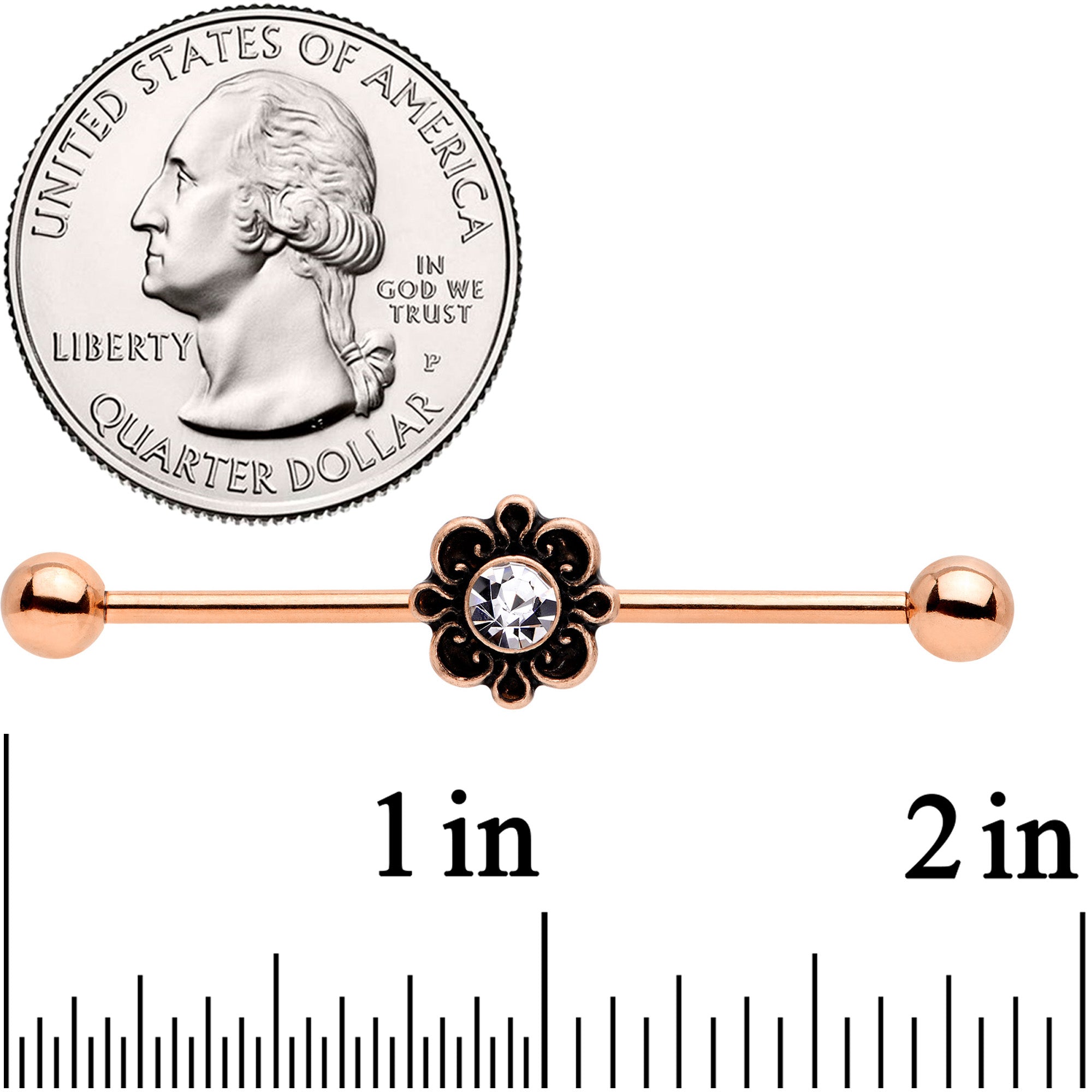 BodyCandy 14G Clear Gem Rose Gold Tone Flower Industrial Barbell 38mm — detail close-up