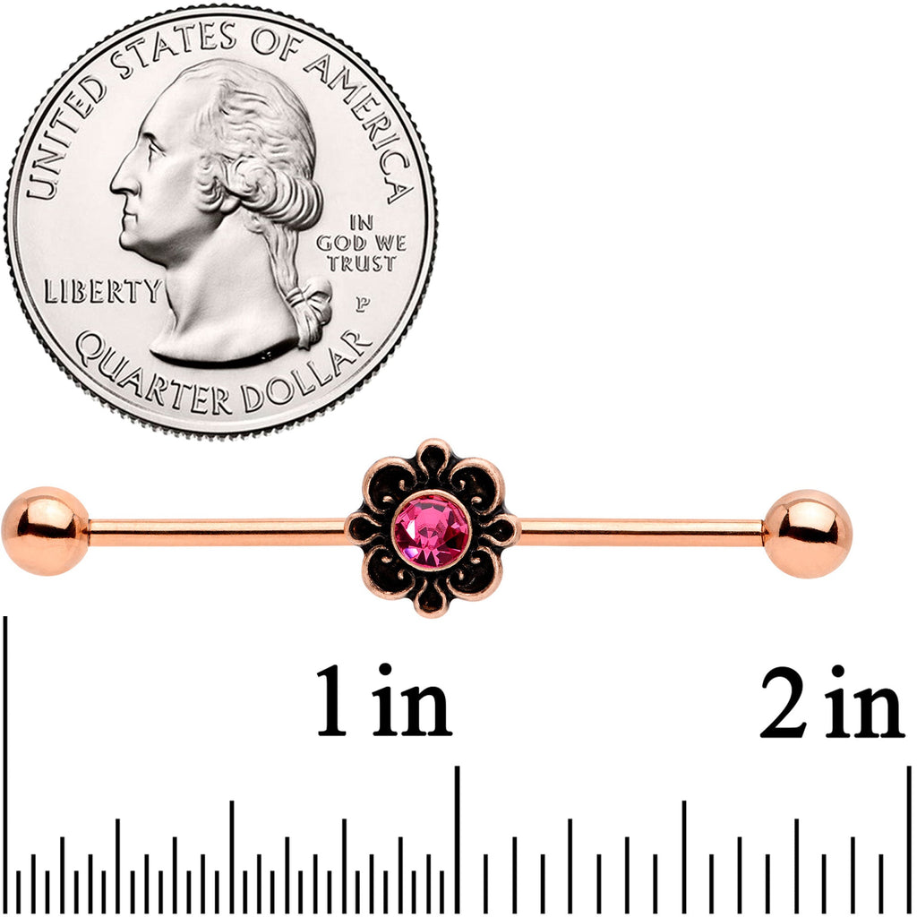 BodyCandy 14G Pink Gem Rose Gold Tone Flower Industrial Barbell 38mm — detail close-up