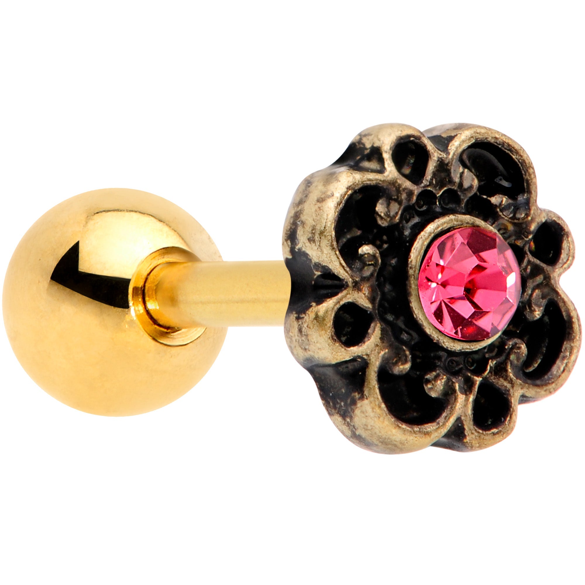 BodyCandy 16G 1/4 Pink Gem Gold Tone Flower Emblem Tragus Cartilage Earring — main product shot