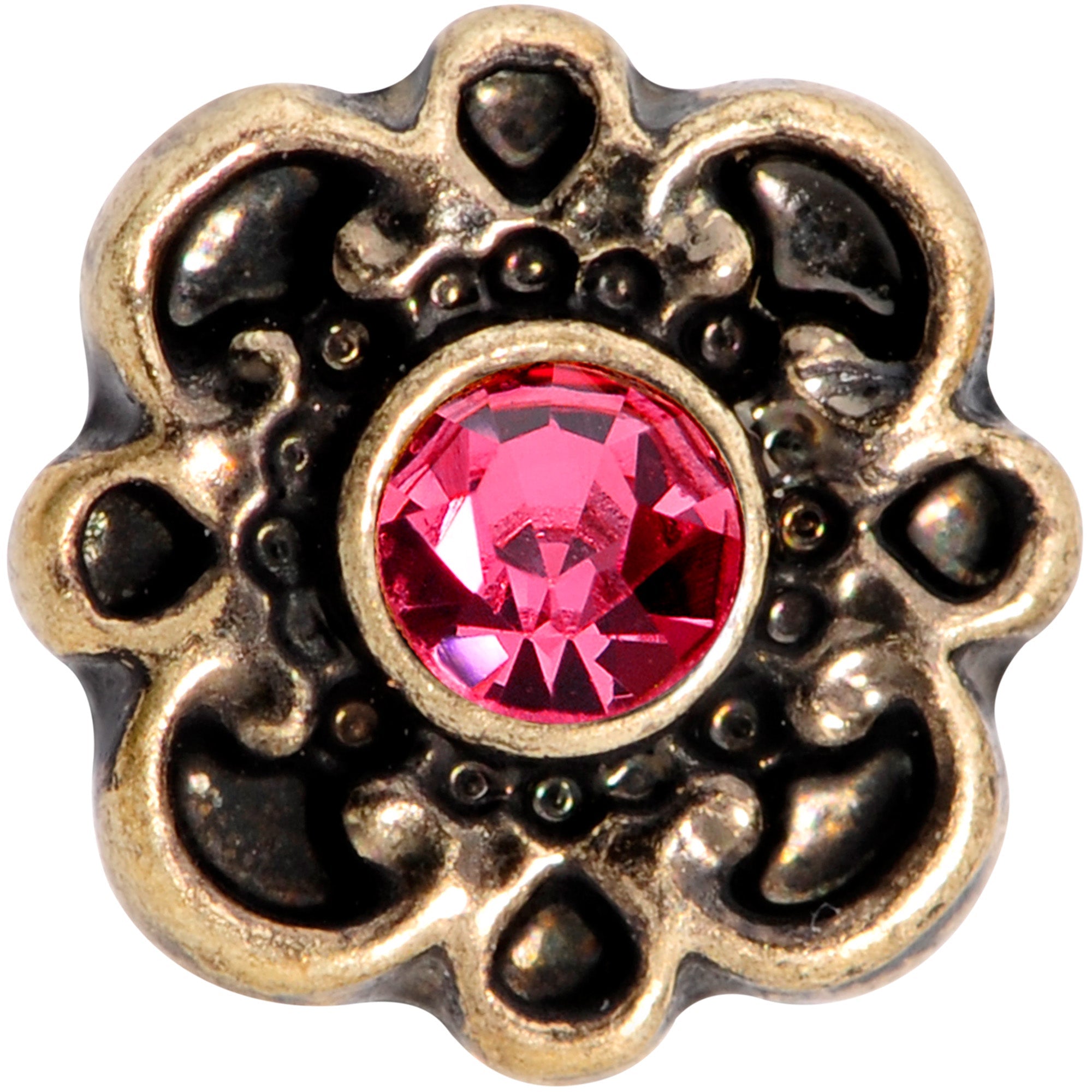 BodyCandy 16G 1/4 Pink Gem Gold Tone Flower Emblem Tragus Cartilage Earring — detail close-up