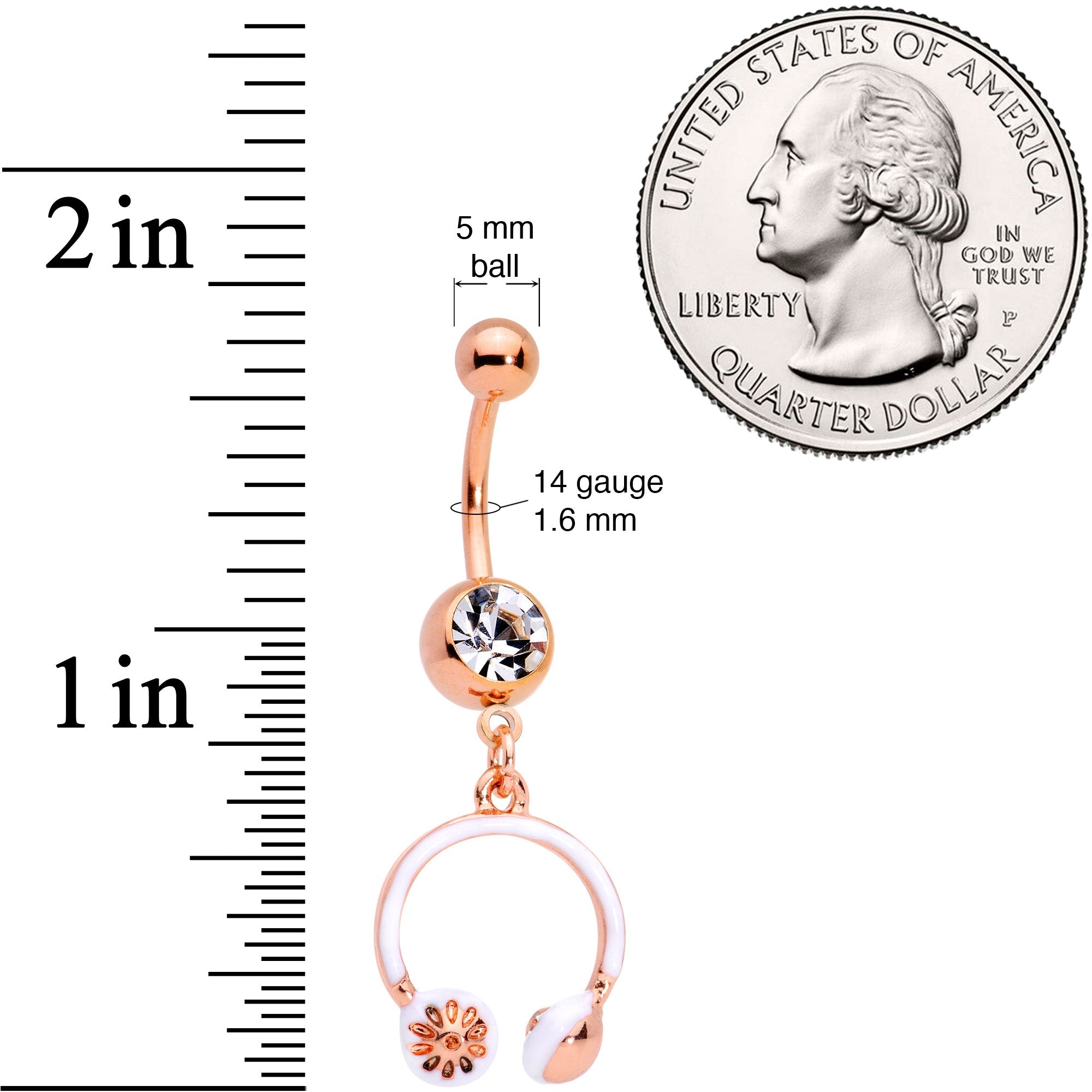 BodyCandy Clear Gem Rose Gold Tone Headphones Dangle Belly Ring — detail close-up