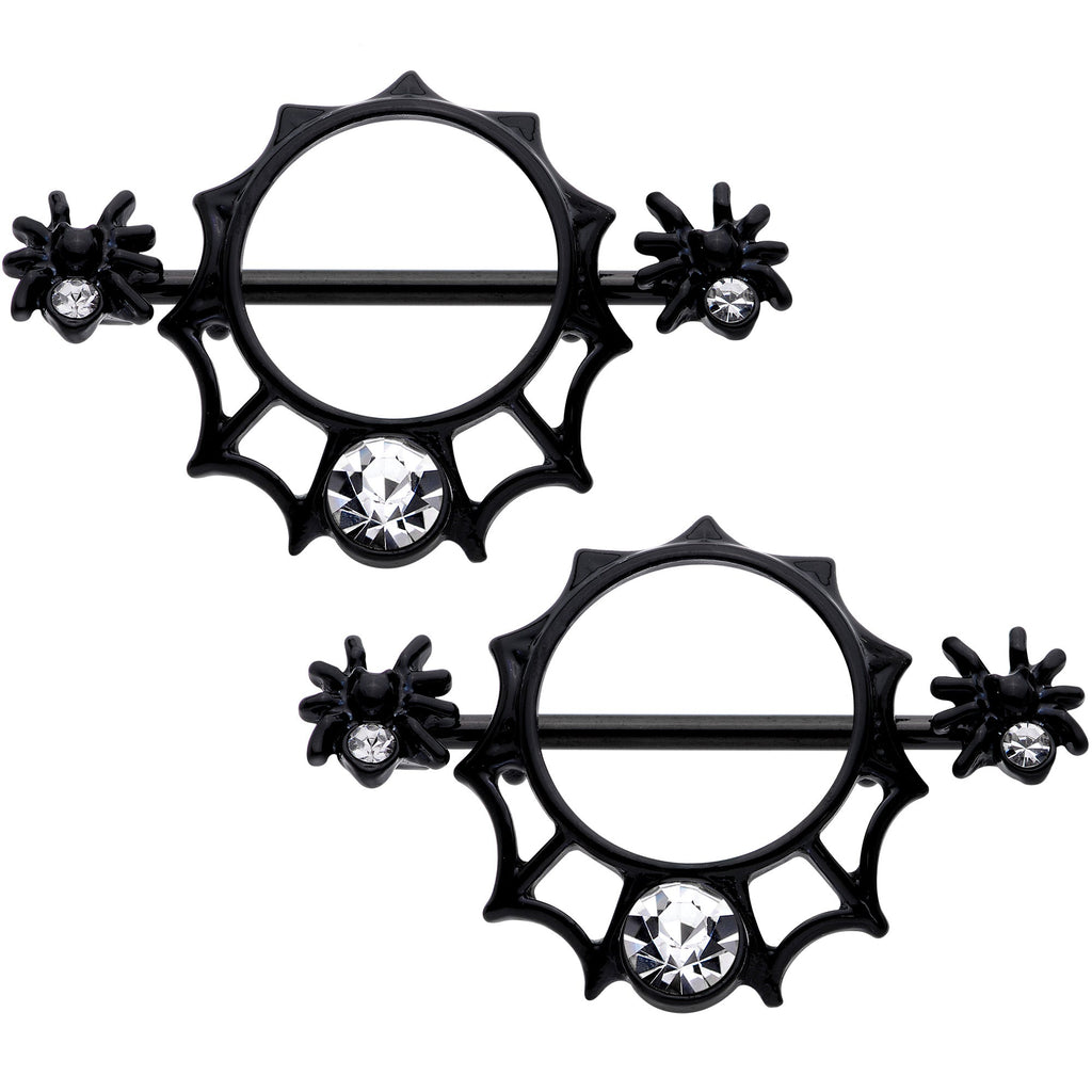 BodyCandy 14G 9/16 Clear Gem Black Spider Web Nipple Shield Set — main product shot