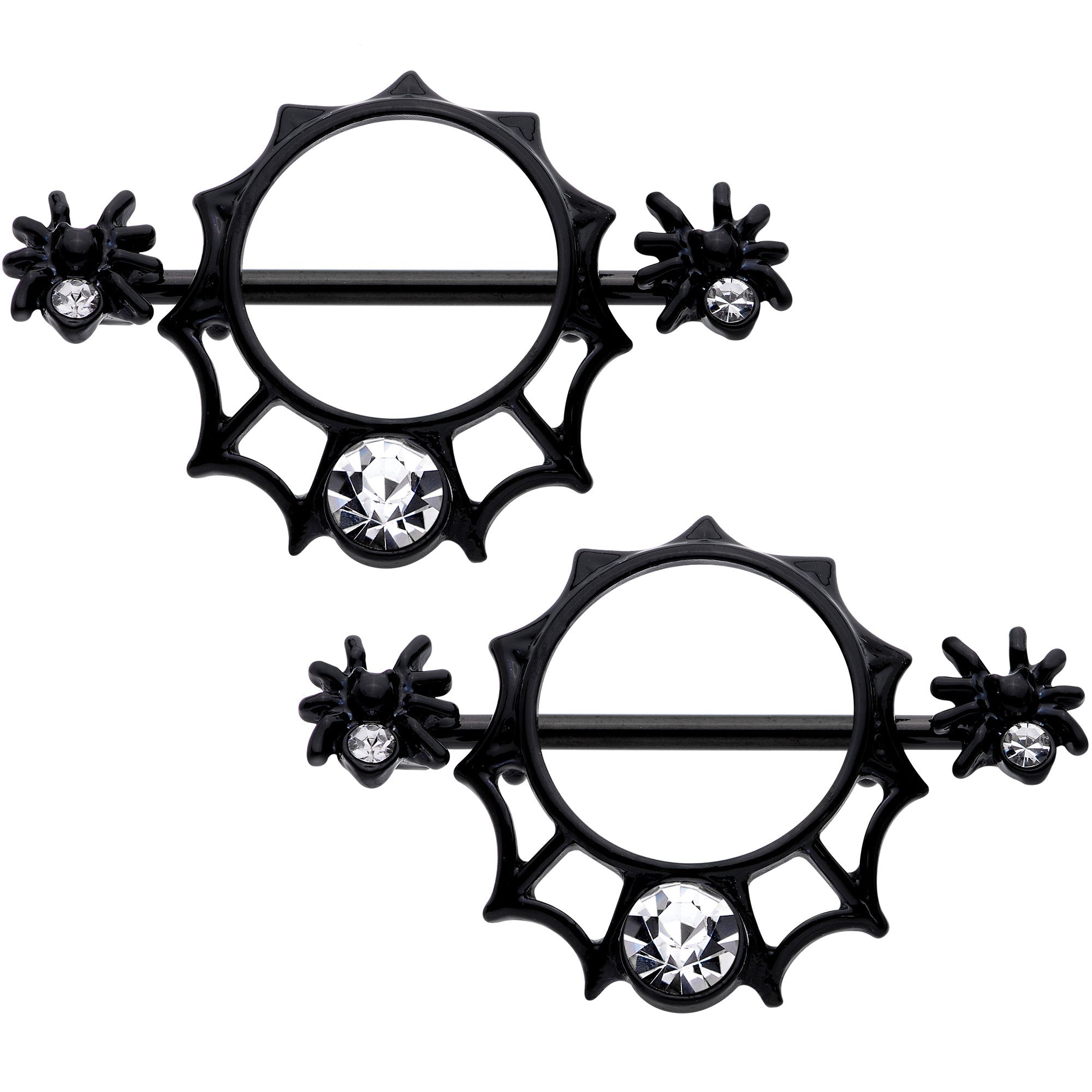 BodyCandy 14G 9/16 Clear Gem Black Spider Web Nipple Shield Set — main product shot